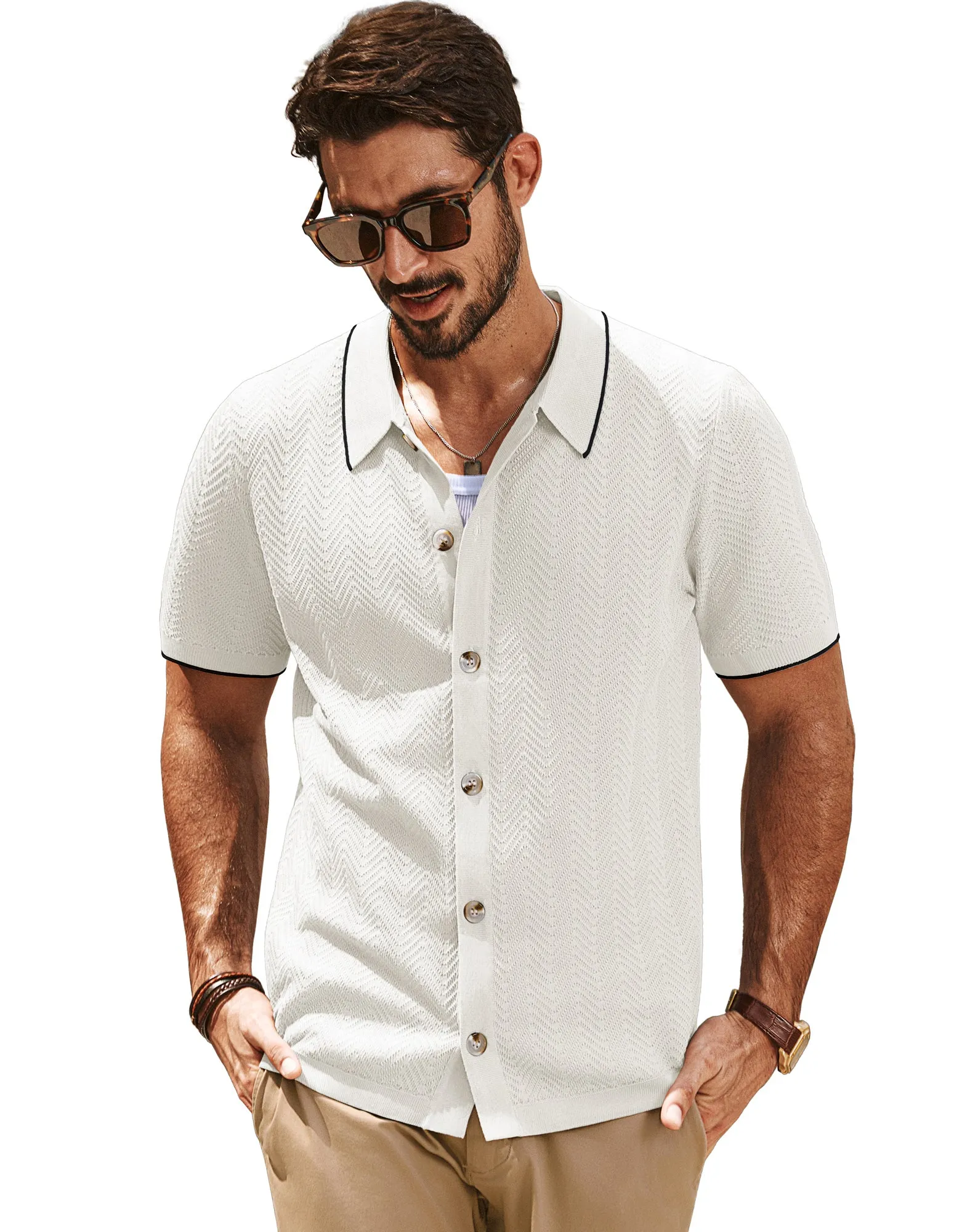 Men Textured Cardigan Short Sleeve Lapel Collar Button-up Sweater Knitwear
