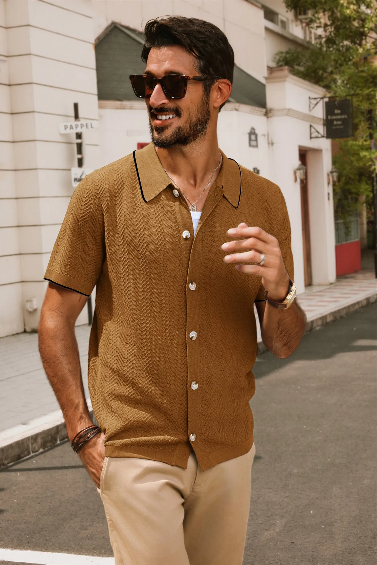 Men Textured Cardigan Short Sleeve Lapel Collar Button-up Sweater Knitwear