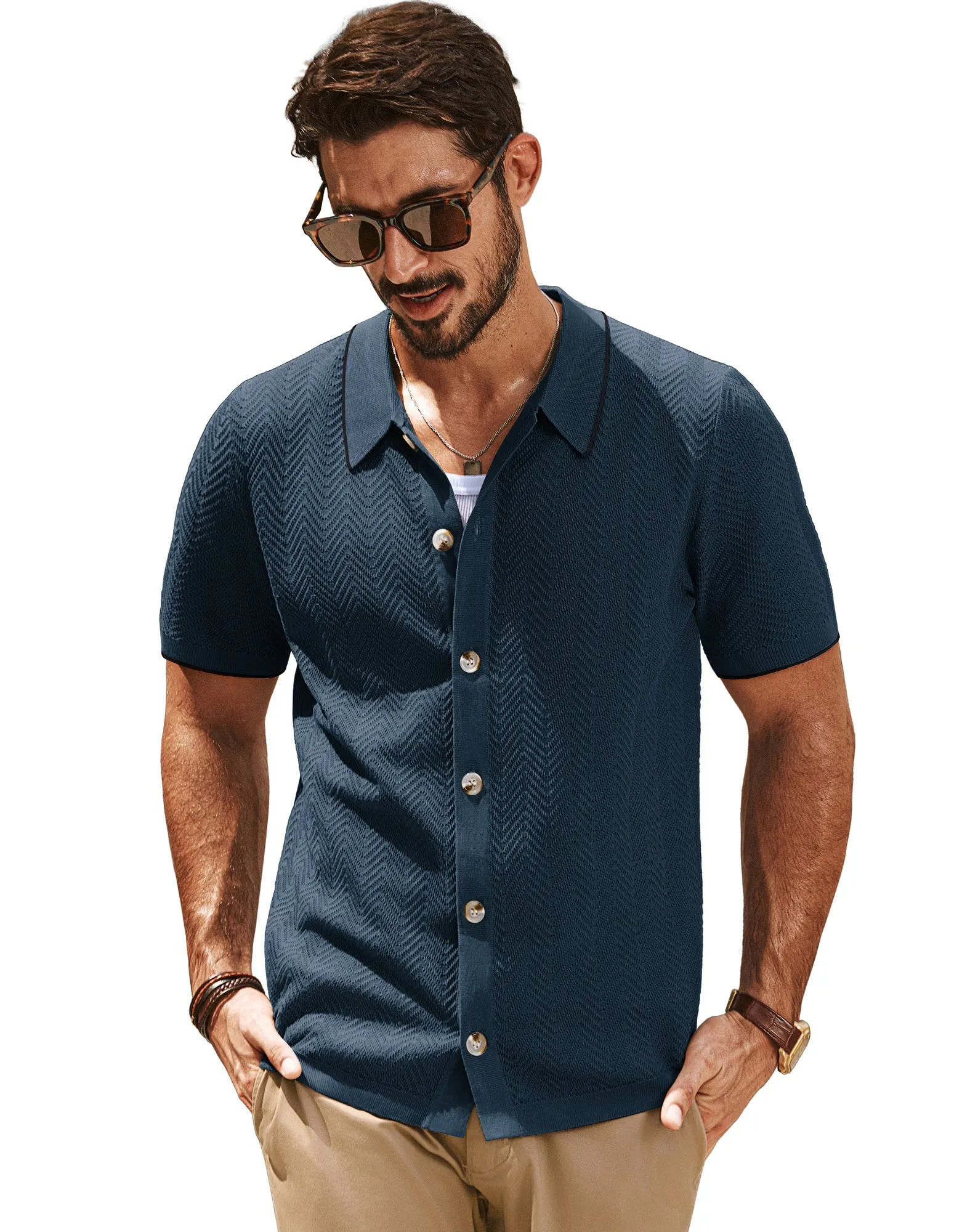 Men Textured Cardigan Short Sleeve Lapel Collar Button-up Sweater Knitwear