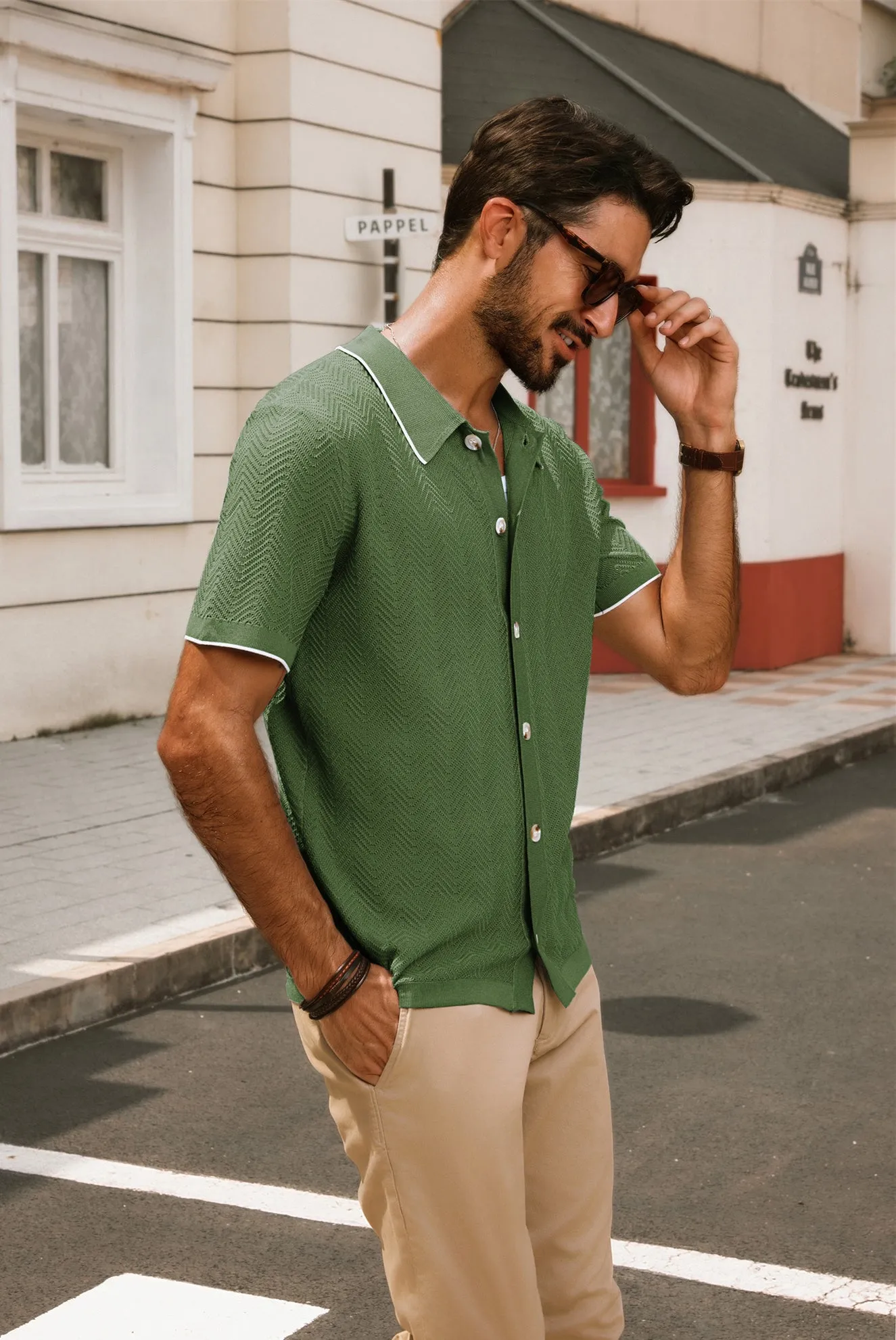 Men Textured Cardigan Short Sleeve Lapel Collar Button-up Sweater Knitwear