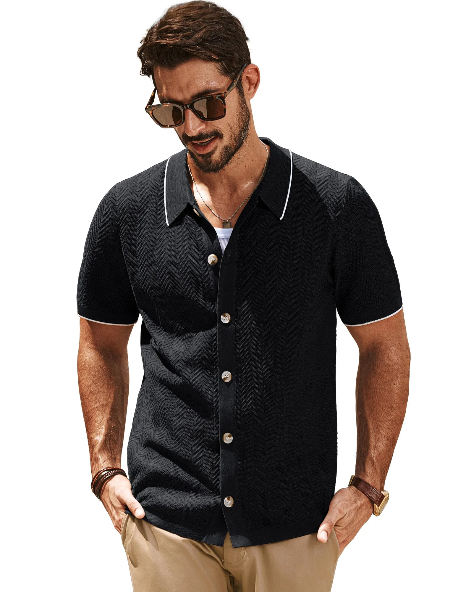 Men Textured Cardigan Short Sleeve Lapel Collar Button-up Sweater Knitwear