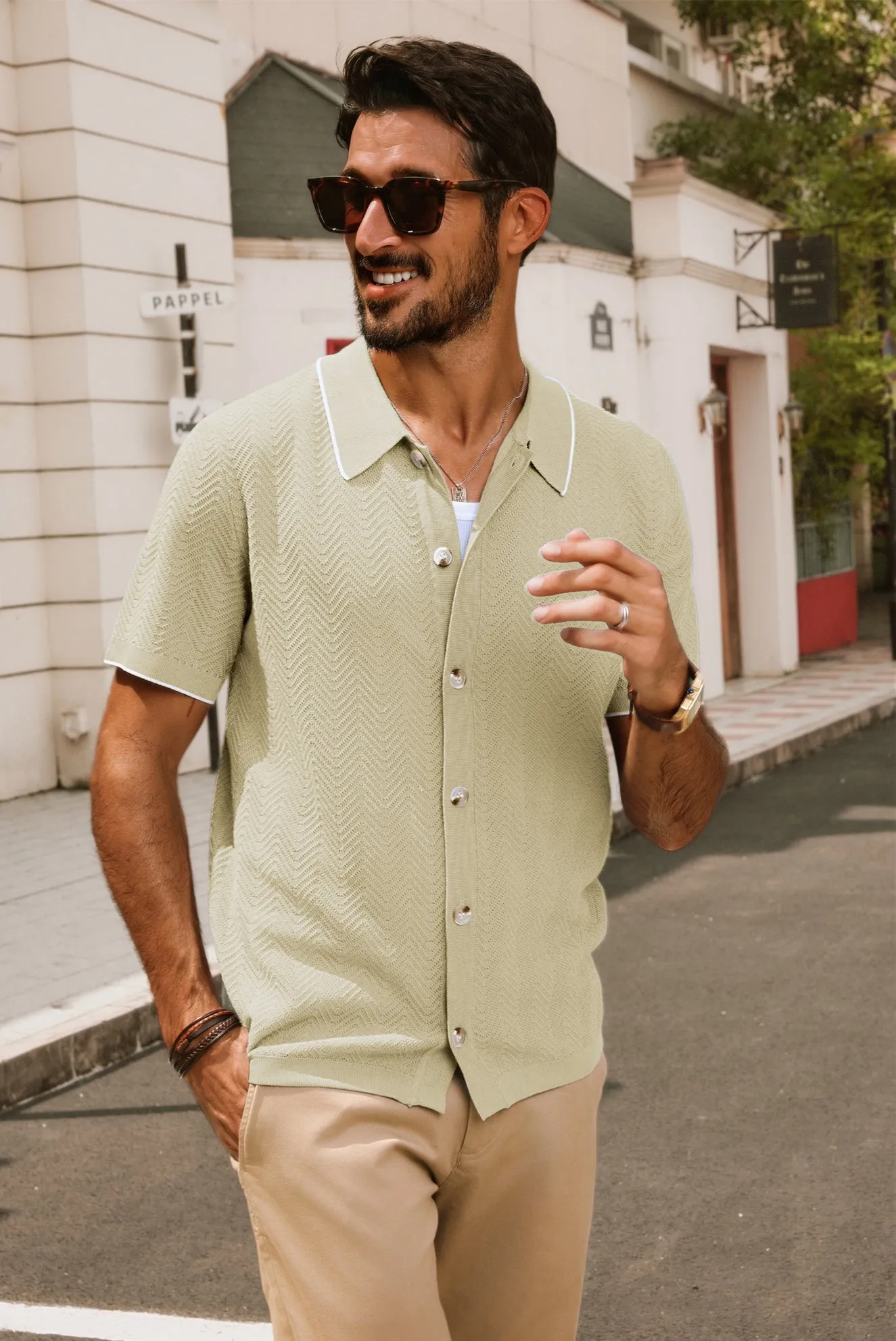 Men Textured Cardigan Short Sleeve Lapel Collar Button-up Sweater Knitwear
