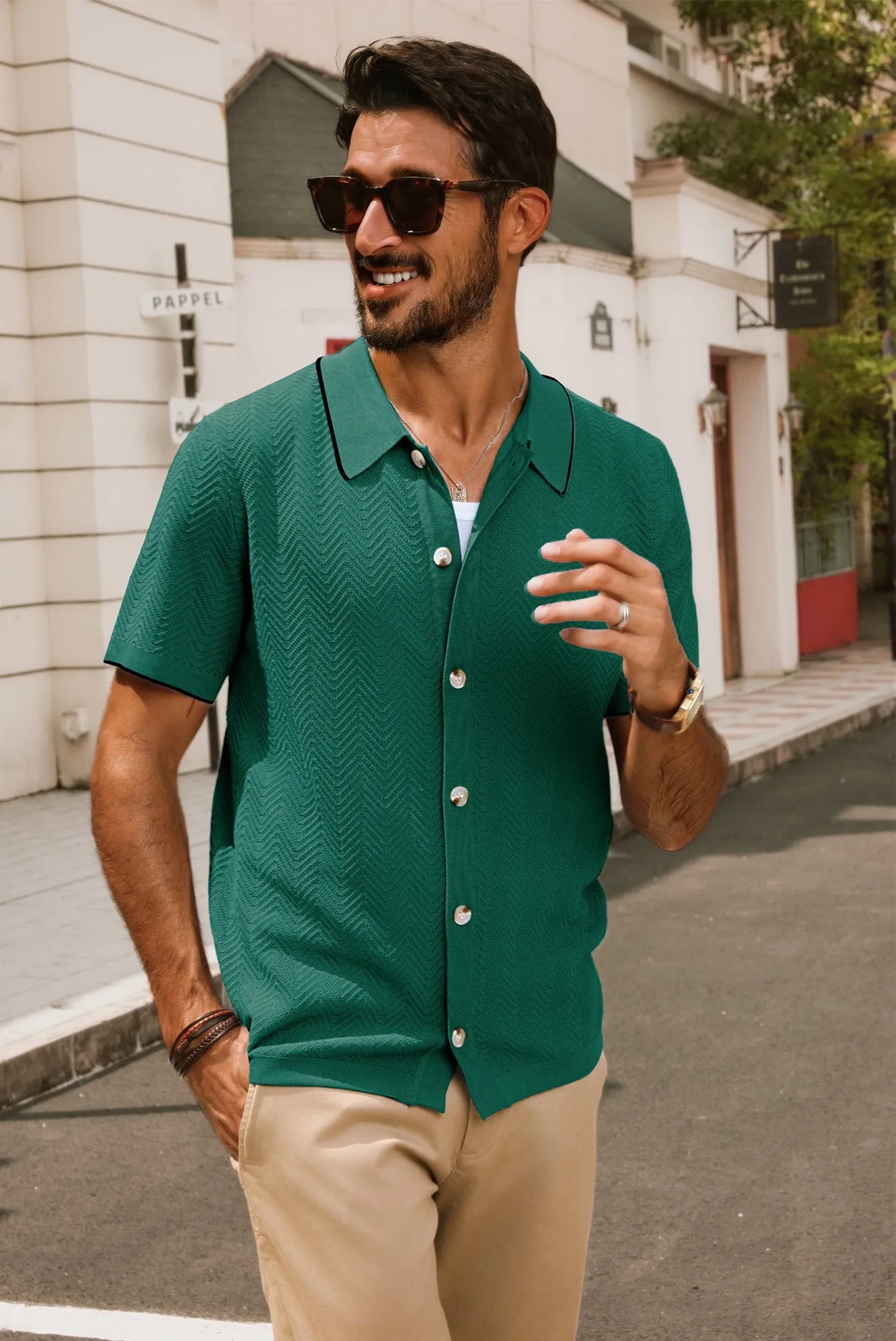 Men Textured Cardigan Short Sleeve Lapel Collar Button-up Sweater Knitwear