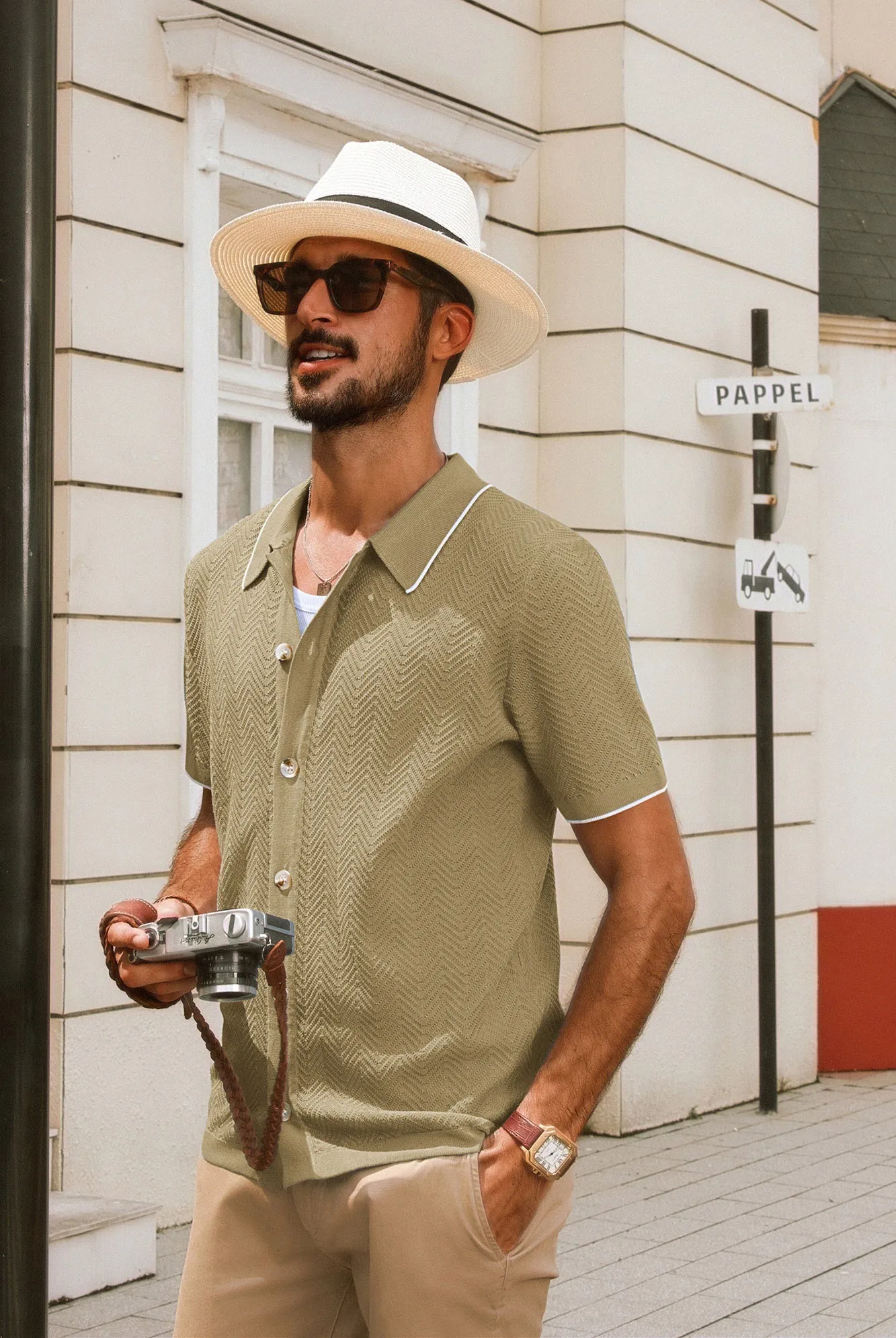 Men Textured Cardigan Short Sleeve Lapel Collar Button-up Sweater Knitwear