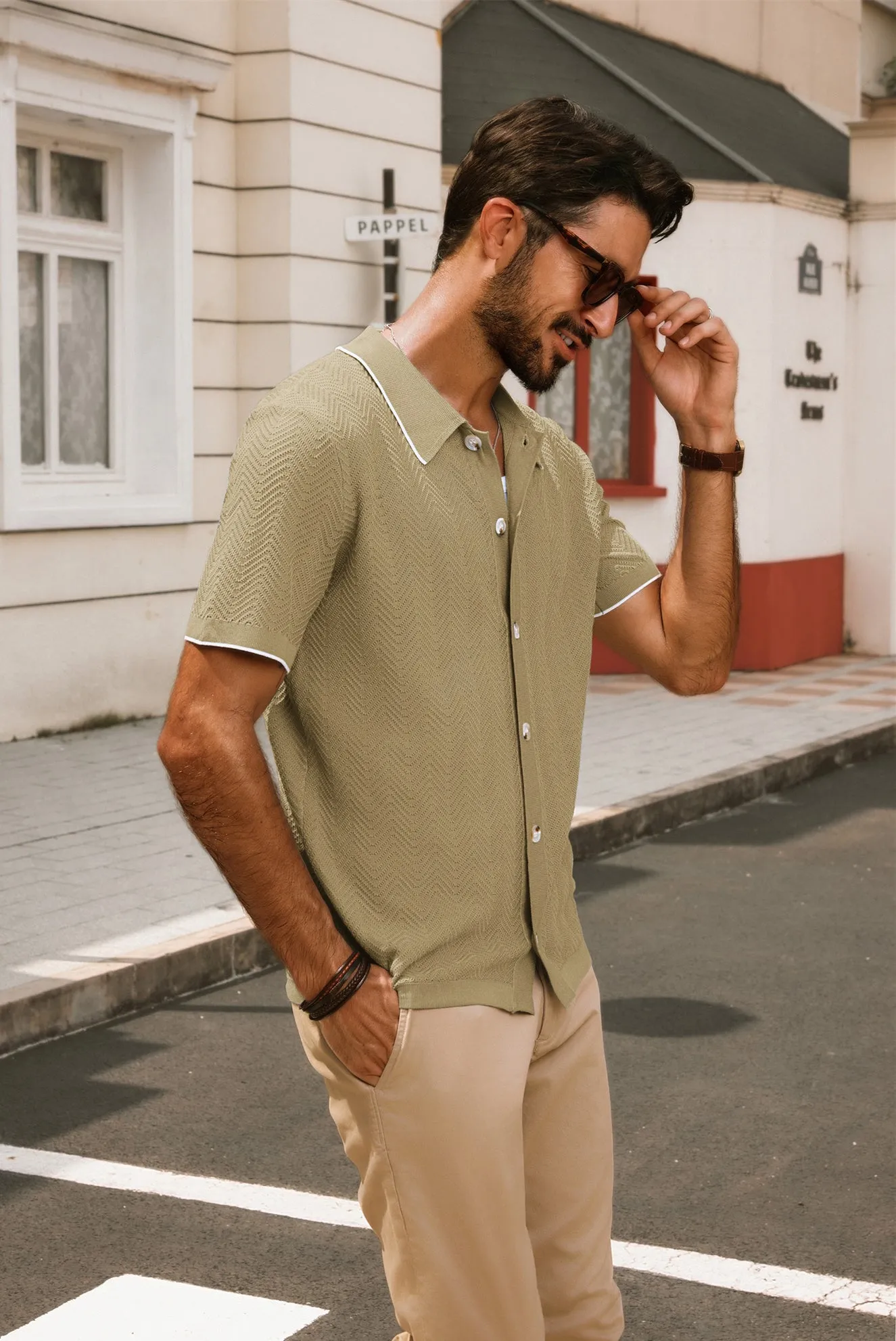 Men Textured Cardigan Short Sleeve Lapel Collar Button-up Sweater Knitwear