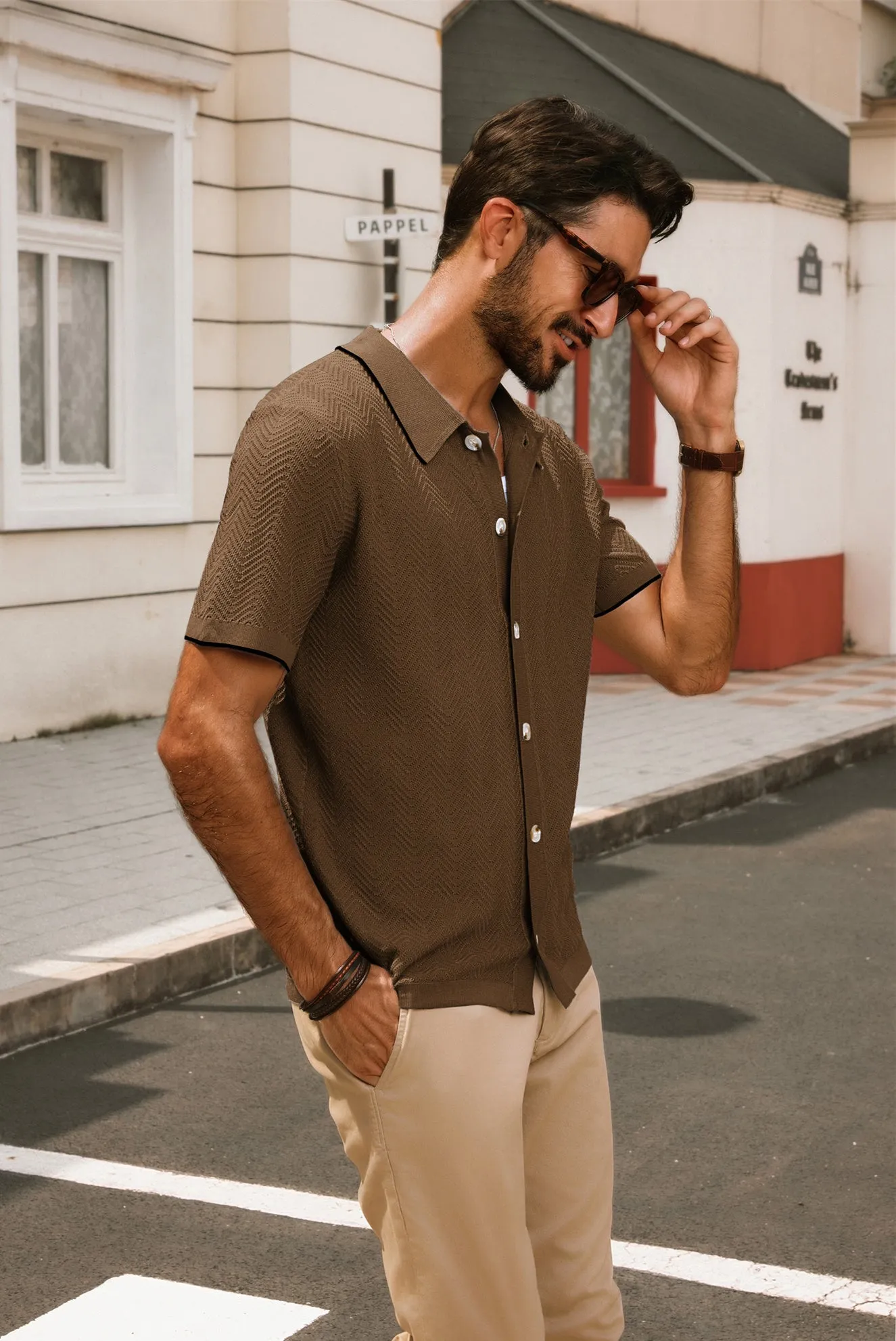 Men Textured Cardigan Short Sleeve Lapel Collar Button-up Sweater Knitwear