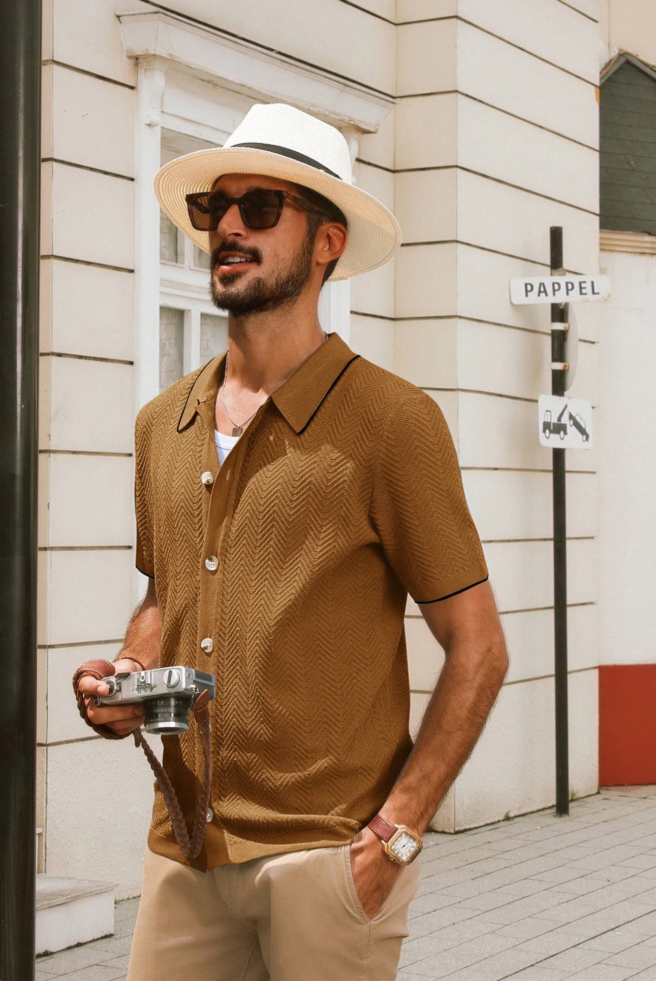 Men Textured Cardigan Short Sleeve Lapel Collar Button-up Sweater Knitwear