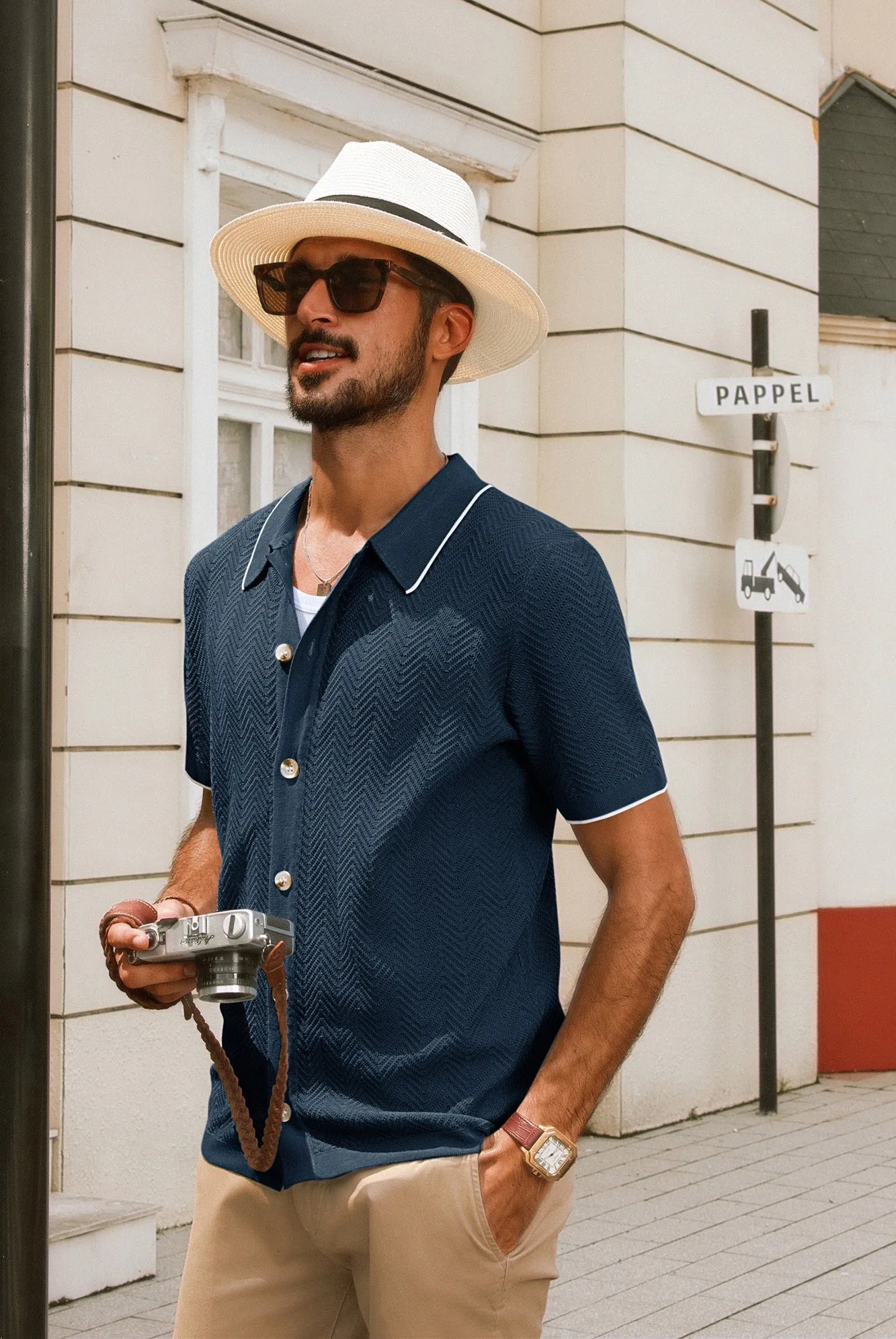 Men Textured Cardigan Short Sleeve Lapel Collar Button-up Sweater Knitwear