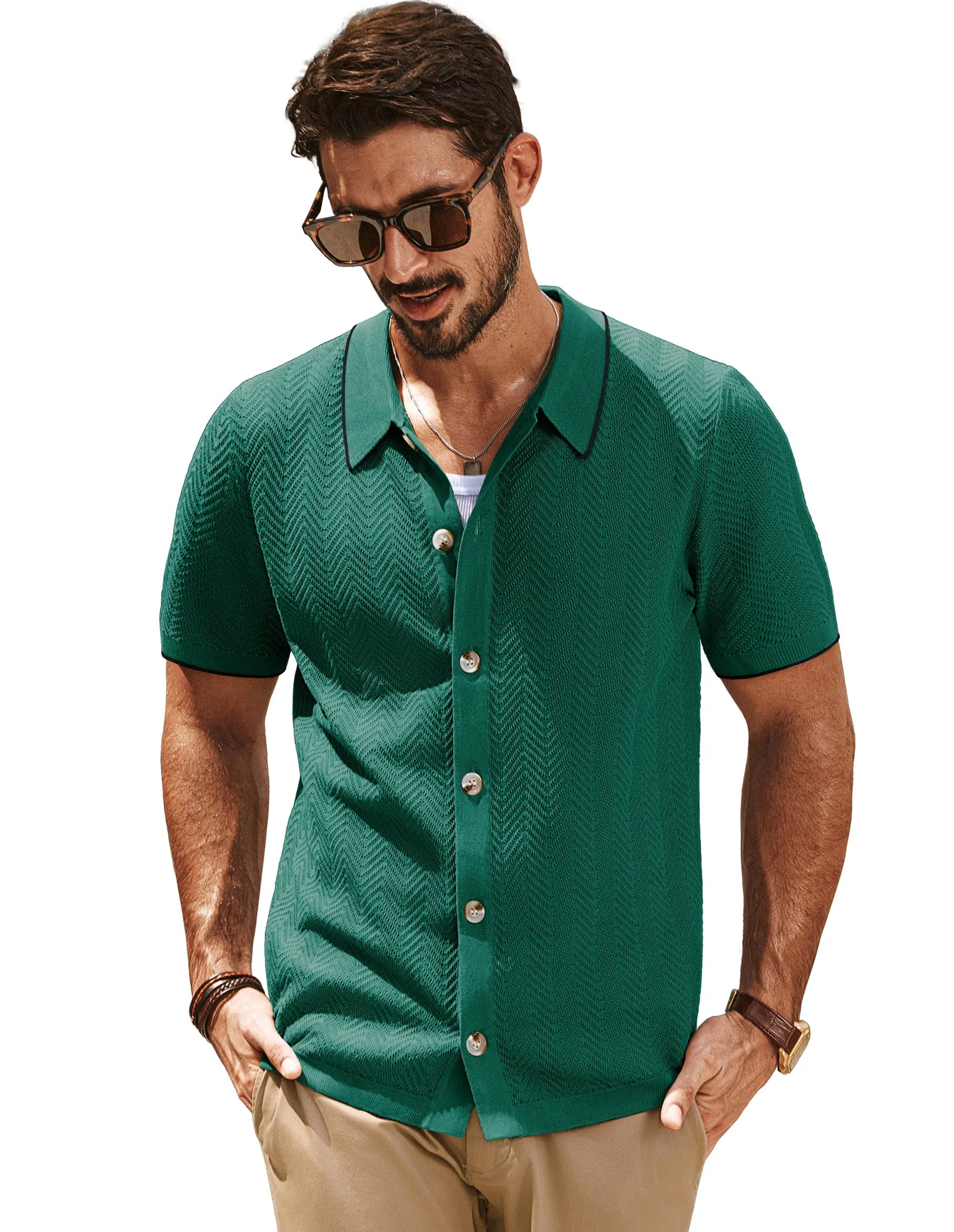 Men Textured Cardigan Short Sleeve Lapel Collar Button-up Sweater Knitwear