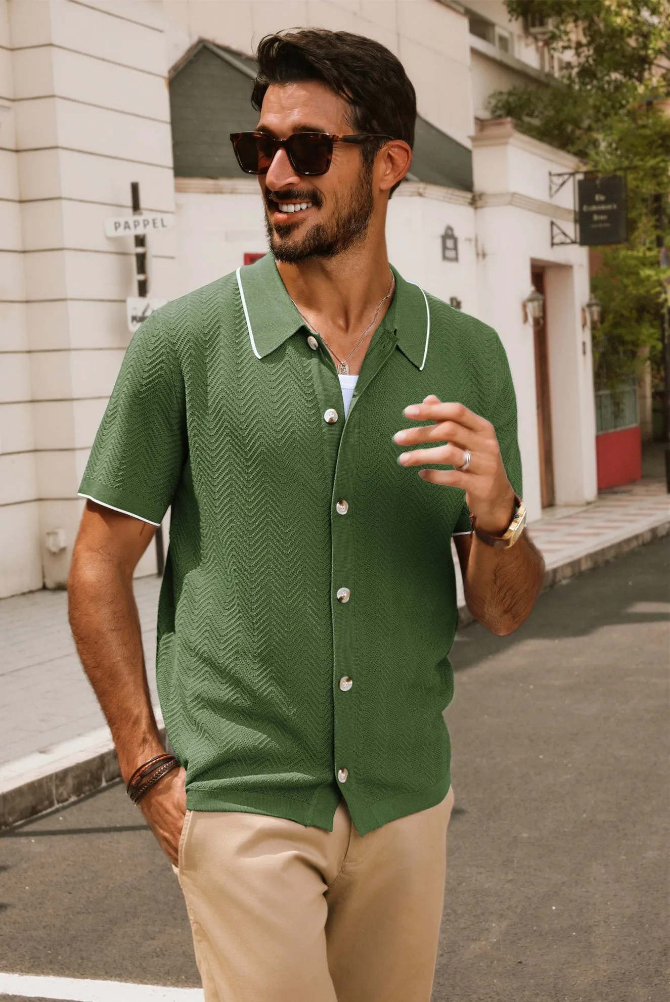 Men Textured Cardigan Short Sleeve Lapel Collar Button-up Sweater Knitwear