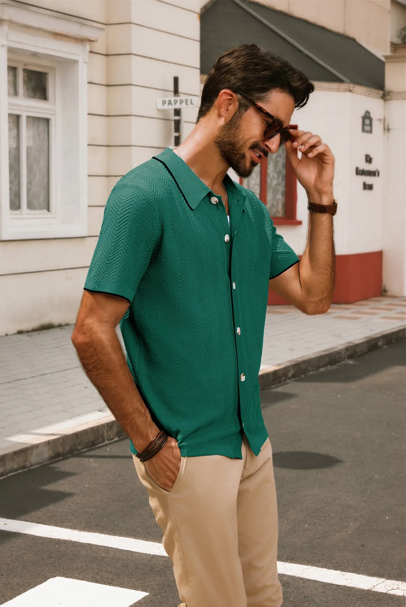 Men Textured Cardigan Short Sleeve Lapel Collar Button-up Sweater Knitwear