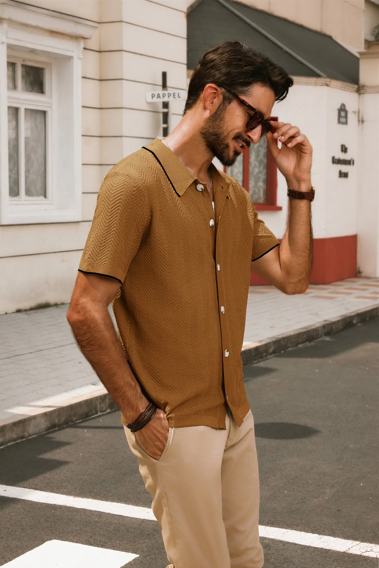 Men Textured Cardigan Short Sleeve Lapel Collar Button-up Sweater Knitwear