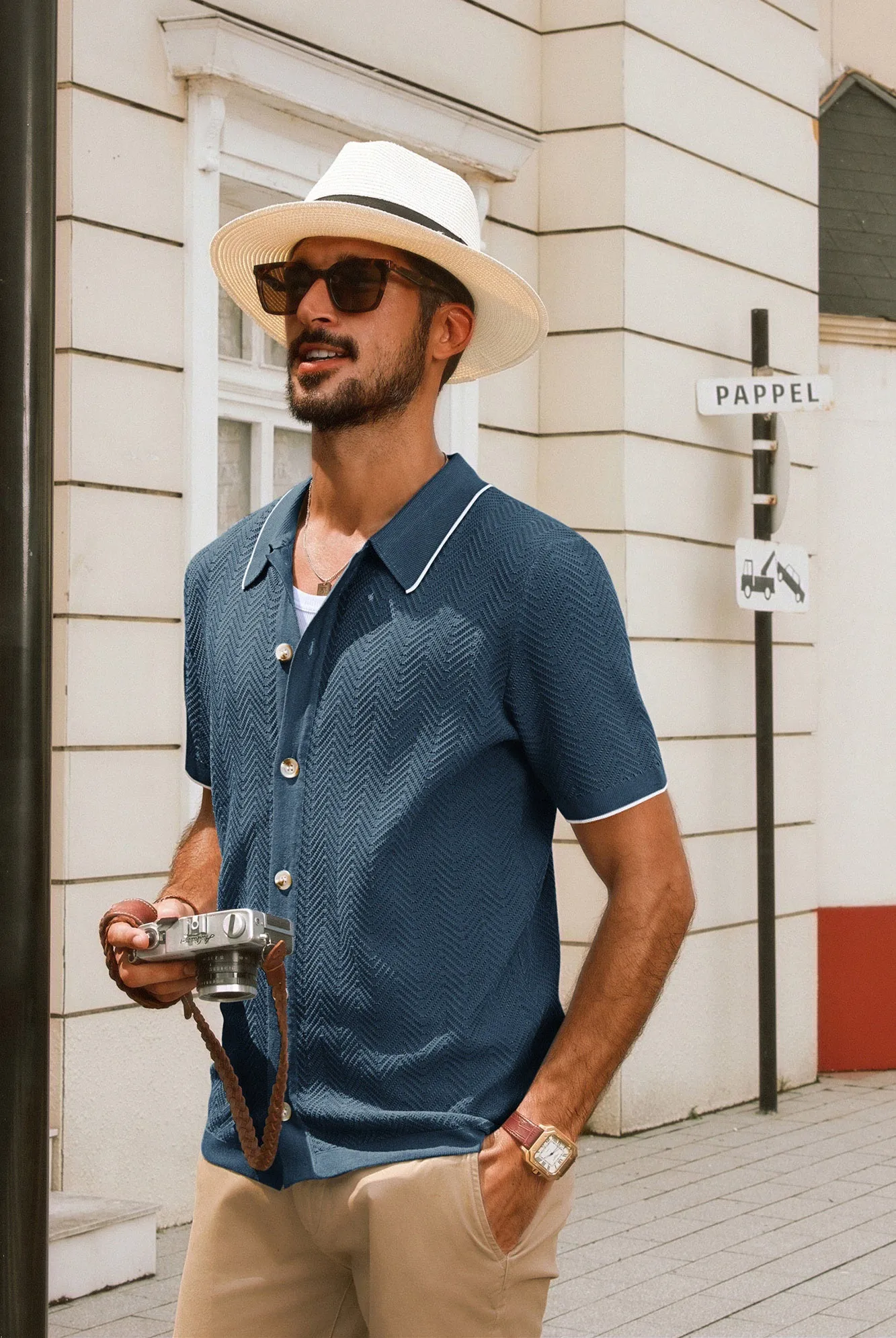 Men Textured Cardigan Short Sleeve Lapel Collar Button-up Sweater Knitwear
