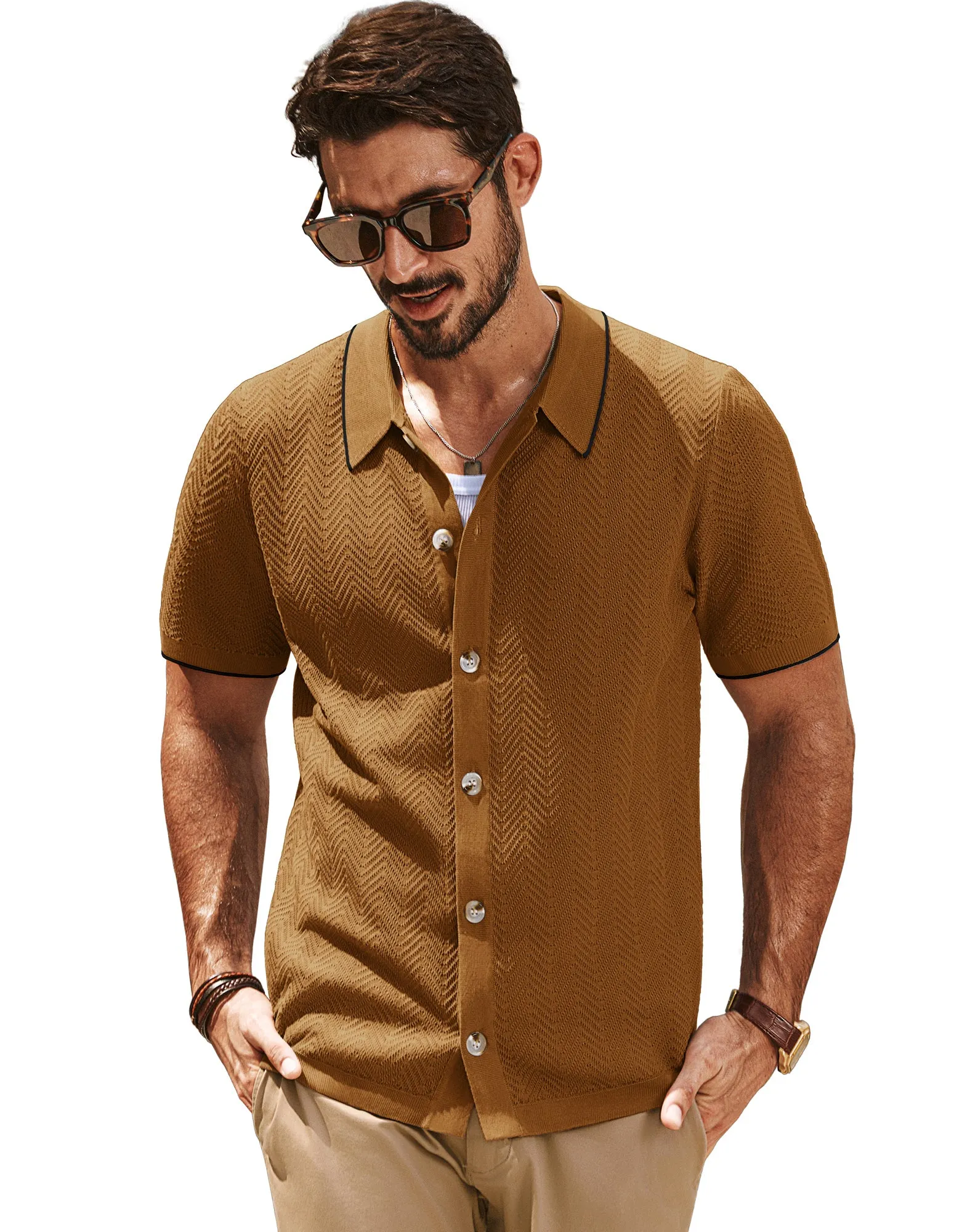 Men Textured Cardigan Short Sleeve Lapel Collar Button-up Sweater Knitwear
