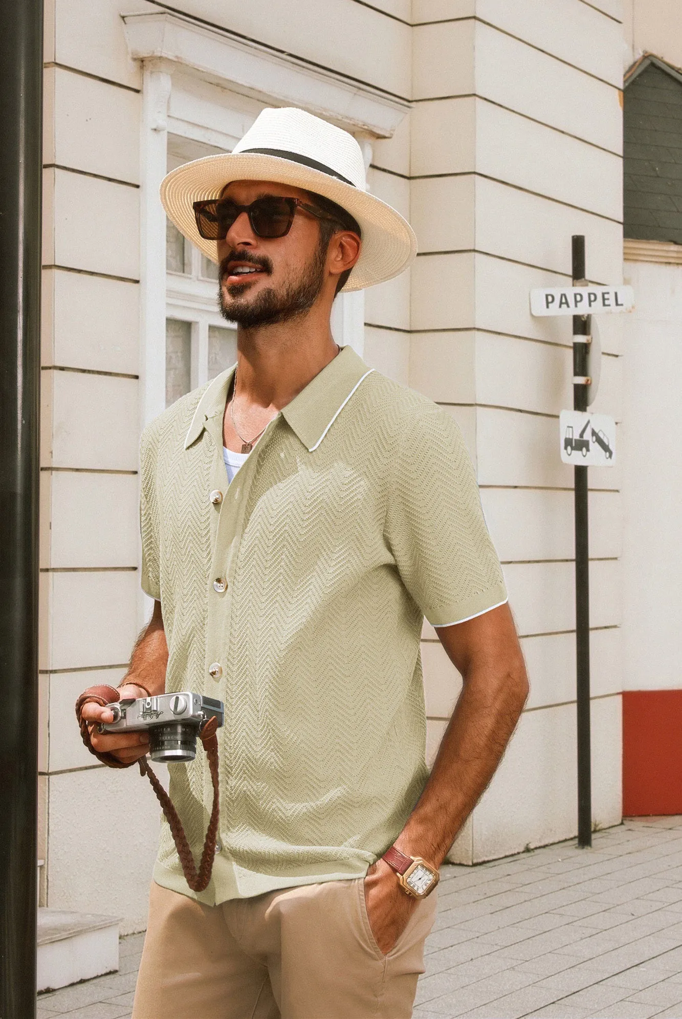 Men Textured Cardigan Short Sleeve Lapel Collar Button-up Sweater Knitwear