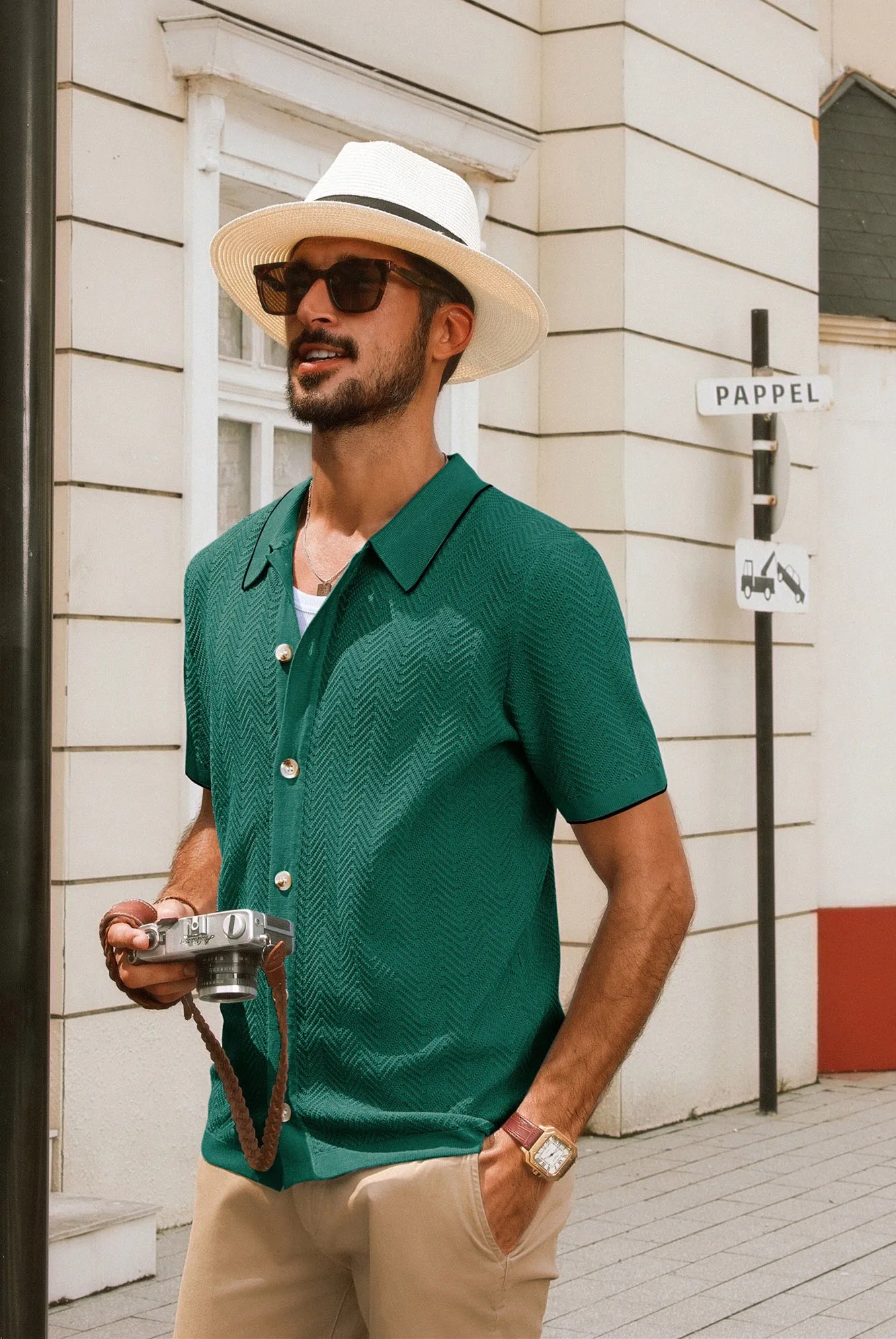 Men Textured Cardigan Short Sleeve Lapel Collar Button-up Sweater Knitwear