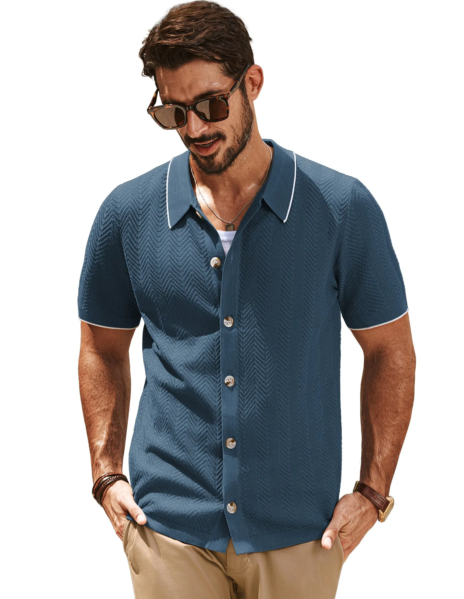 Men Textured Cardigan Short Sleeve Lapel Collar Button-up Sweater Knitwear