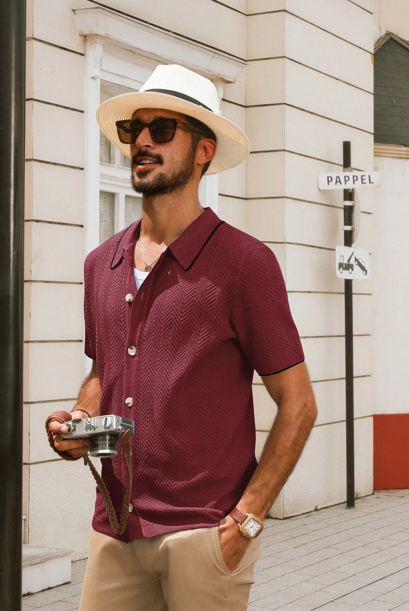 Men Textured Cardigan Short Sleeve Lapel Collar Button-up Sweater Knitwear
