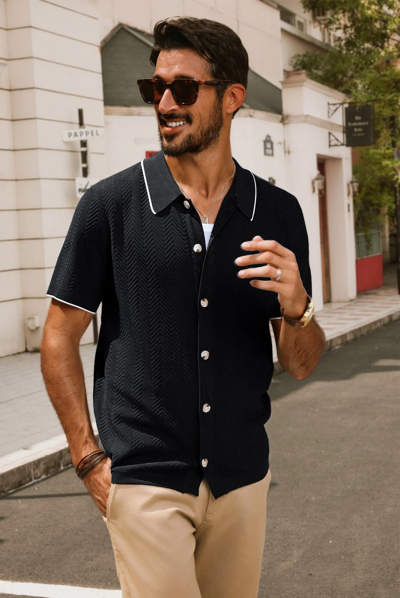 Men Textured Cardigan Short Sleeve Lapel Collar Button-up Sweater Knitwear