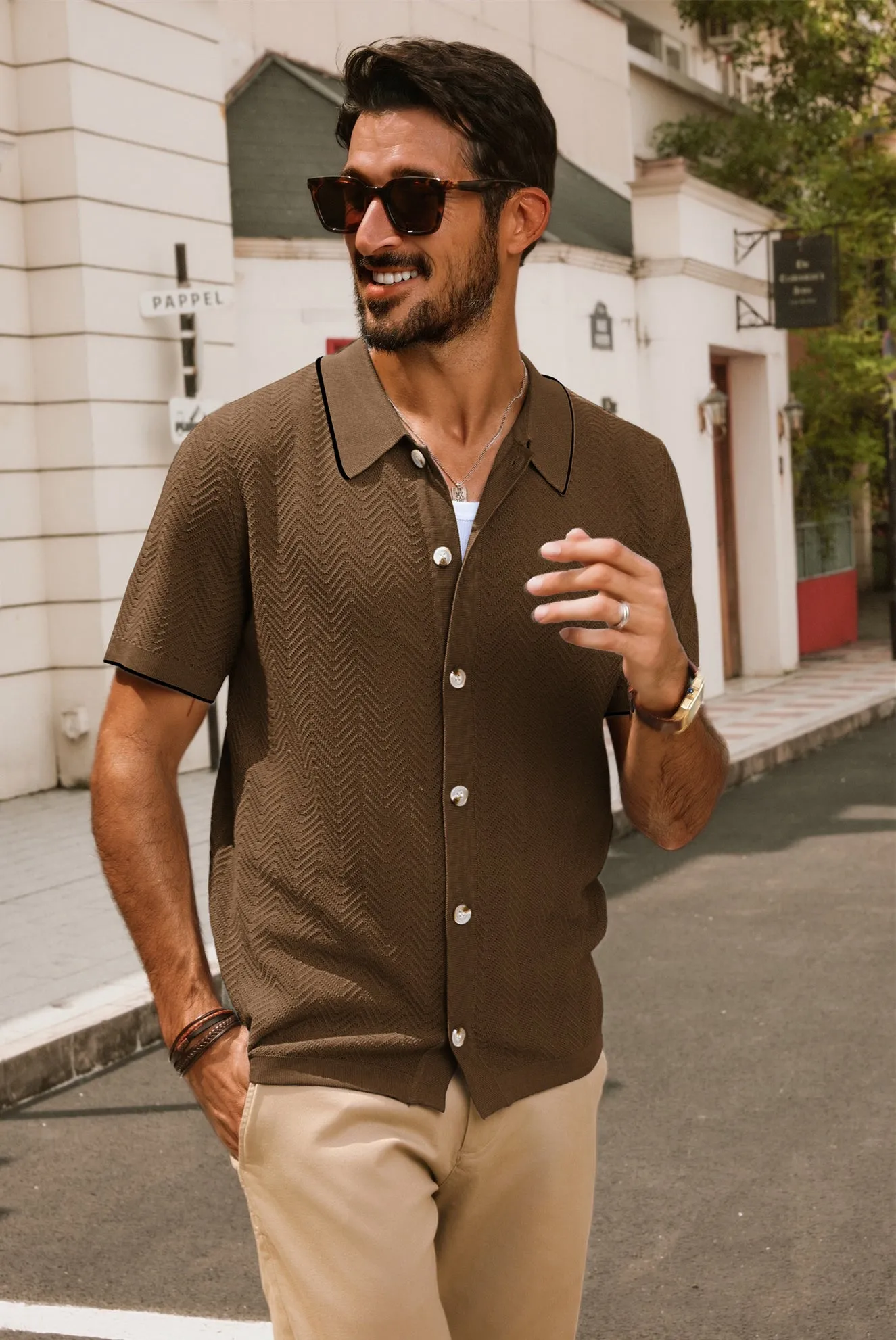 Men Textured Cardigan Short Sleeve Lapel Collar Button-up Sweater Knitwear