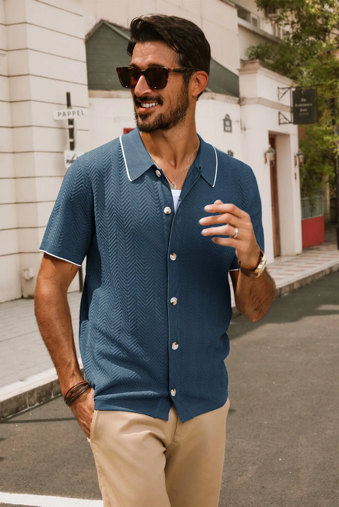 Men Textured Cardigan Short Sleeve Lapel Collar Button-up Sweater Knitwear