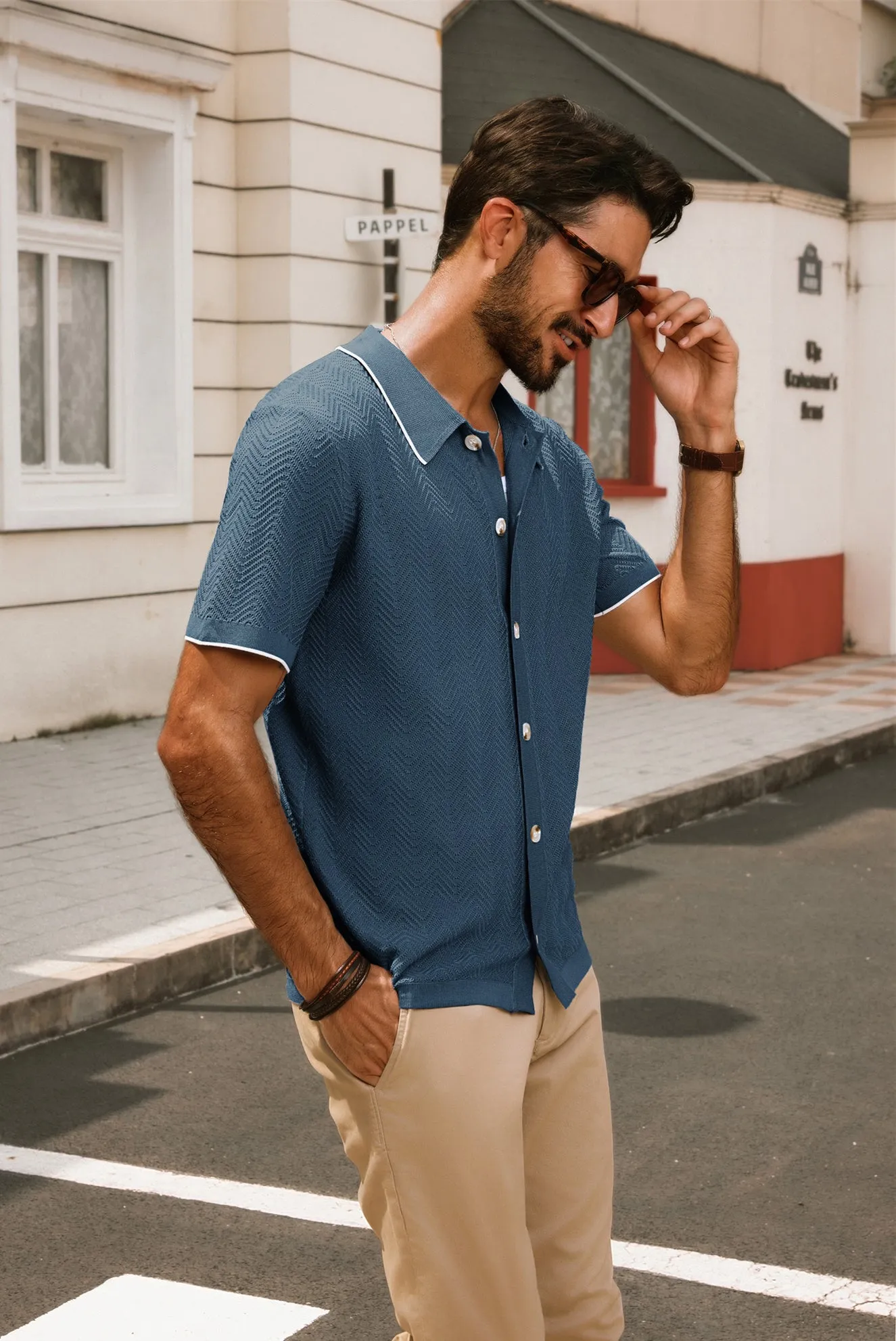 Men Textured Cardigan Short Sleeve Lapel Collar Button-up Sweater Knitwear