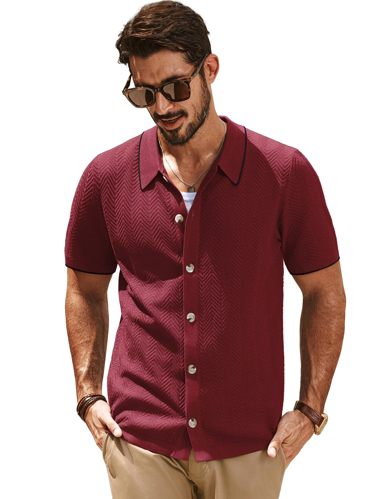 Men Textured Cardigan Short Sleeve Lapel Collar Button-up Sweater Knitwear