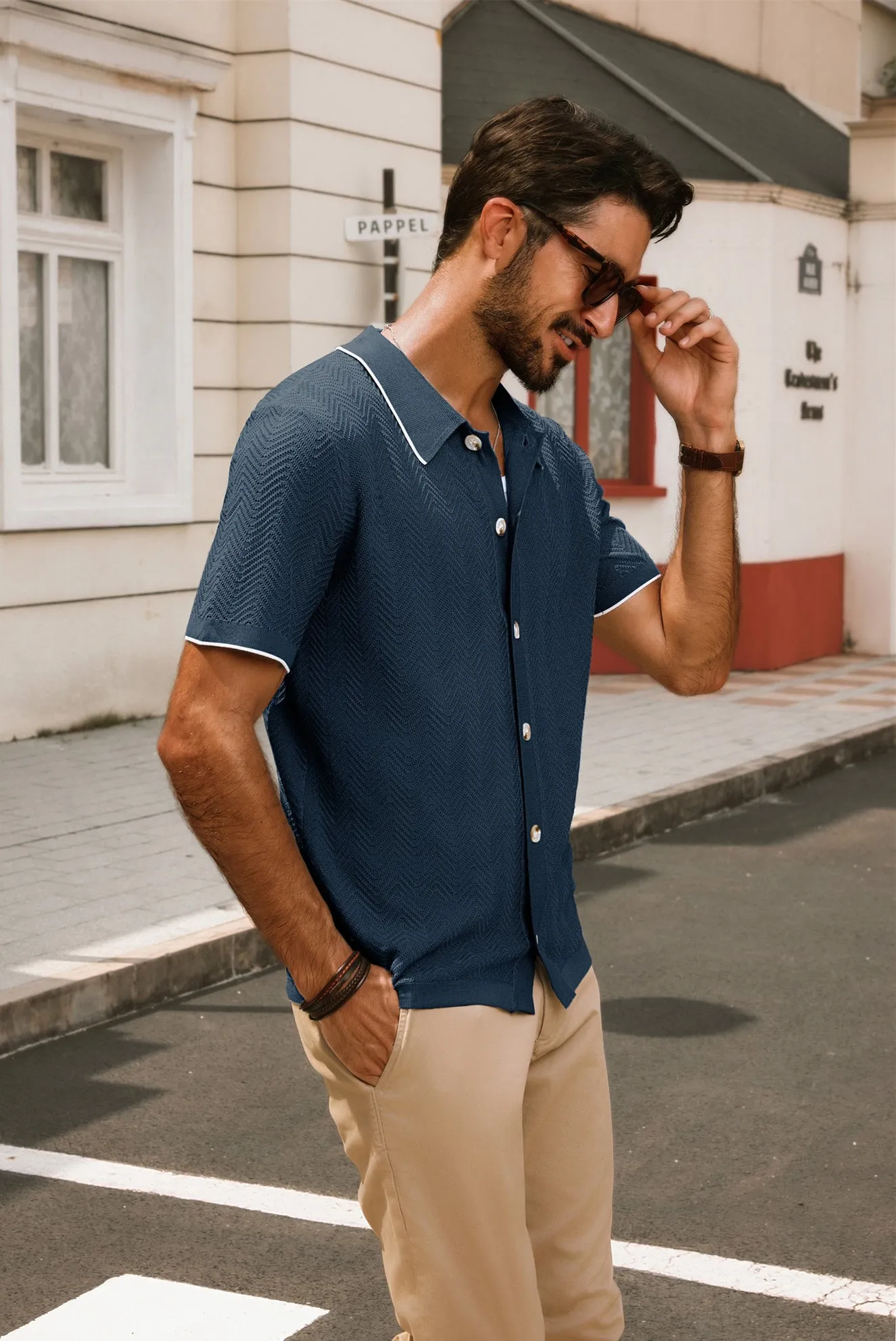 Men Textured Cardigan Short Sleeve Lapel Collar Button-up Sweater Knitwear