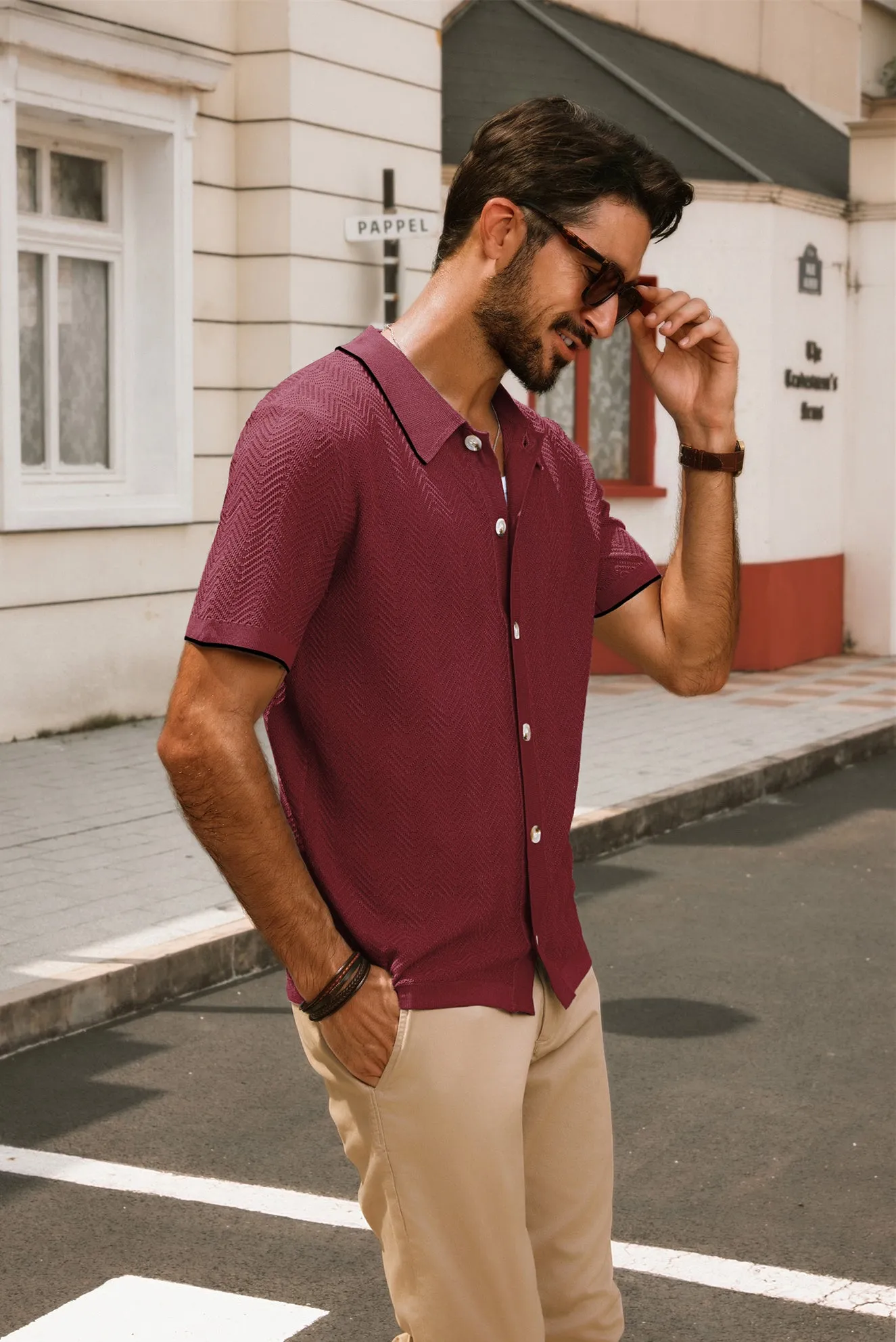 Men Textured Cardigan Short Sleeve Lapel Collar Button-up Sweater Knitwear