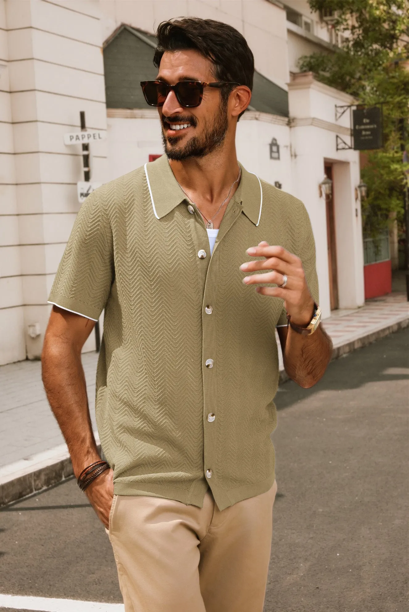 Men Textured Cardigan Short Sleeve Lapel Collar Button-up Sweater Knitwear