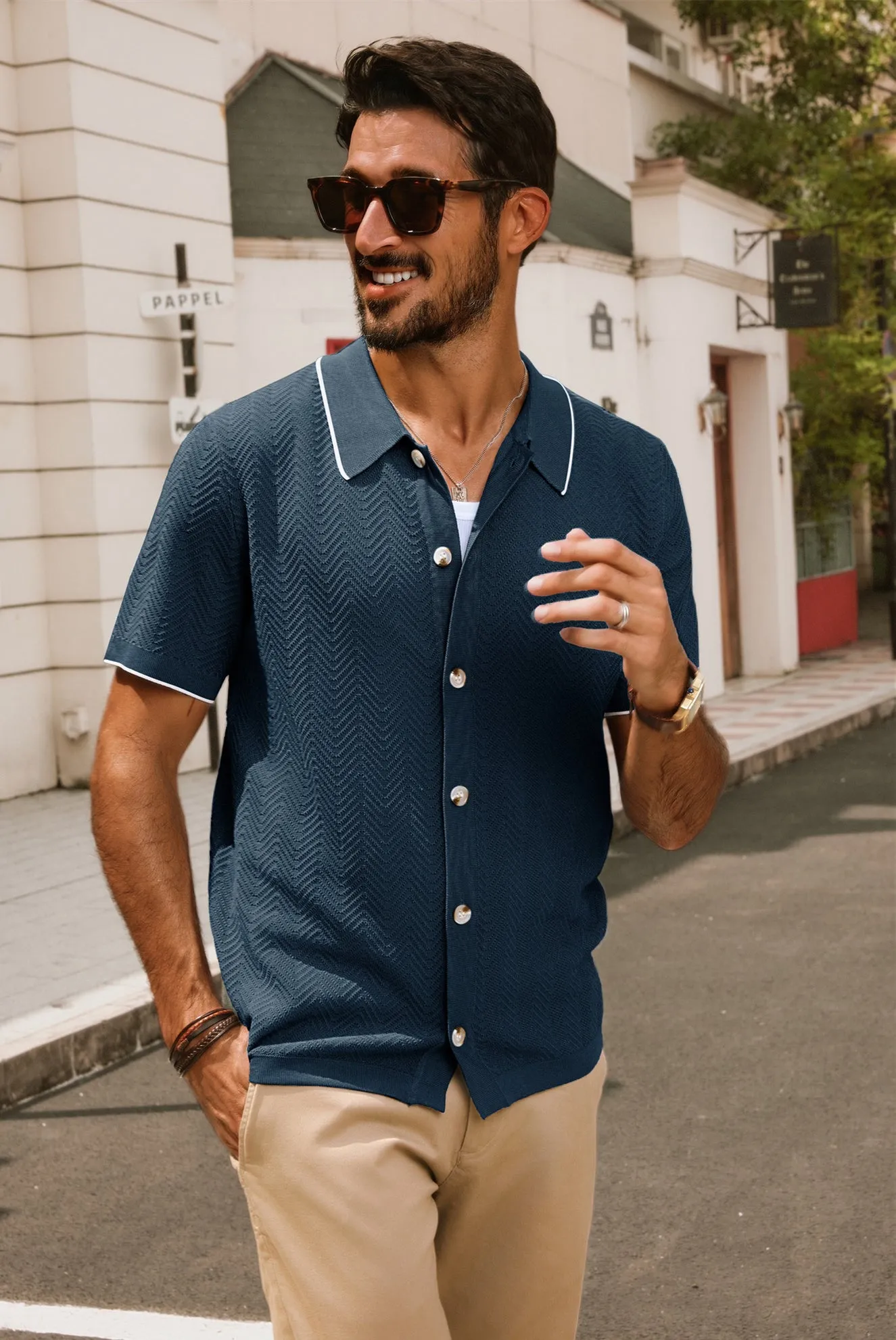 Men Textured Cardigan Short Sleeve Lapel Collar Button-up Sweater Knitwear
