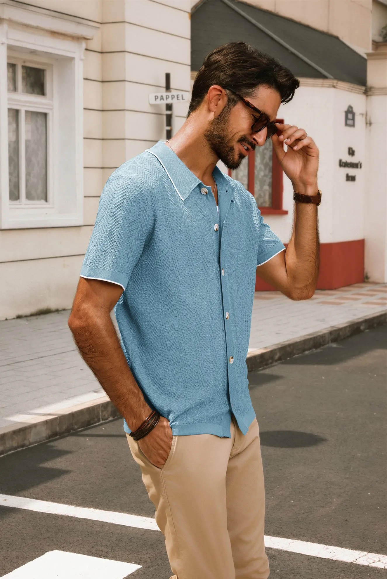 Men Textured Cardigan Short Sleeve Lapel Collar Button-up Sweater Knitwear