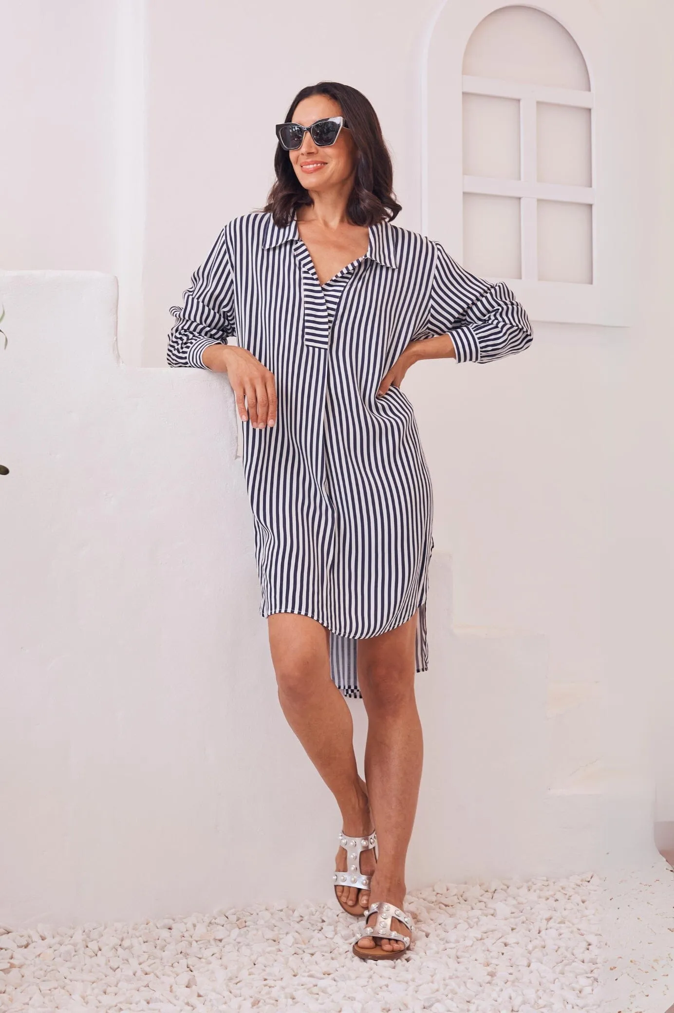 Monaco Striped Dress Shirt Dark Navy and White
