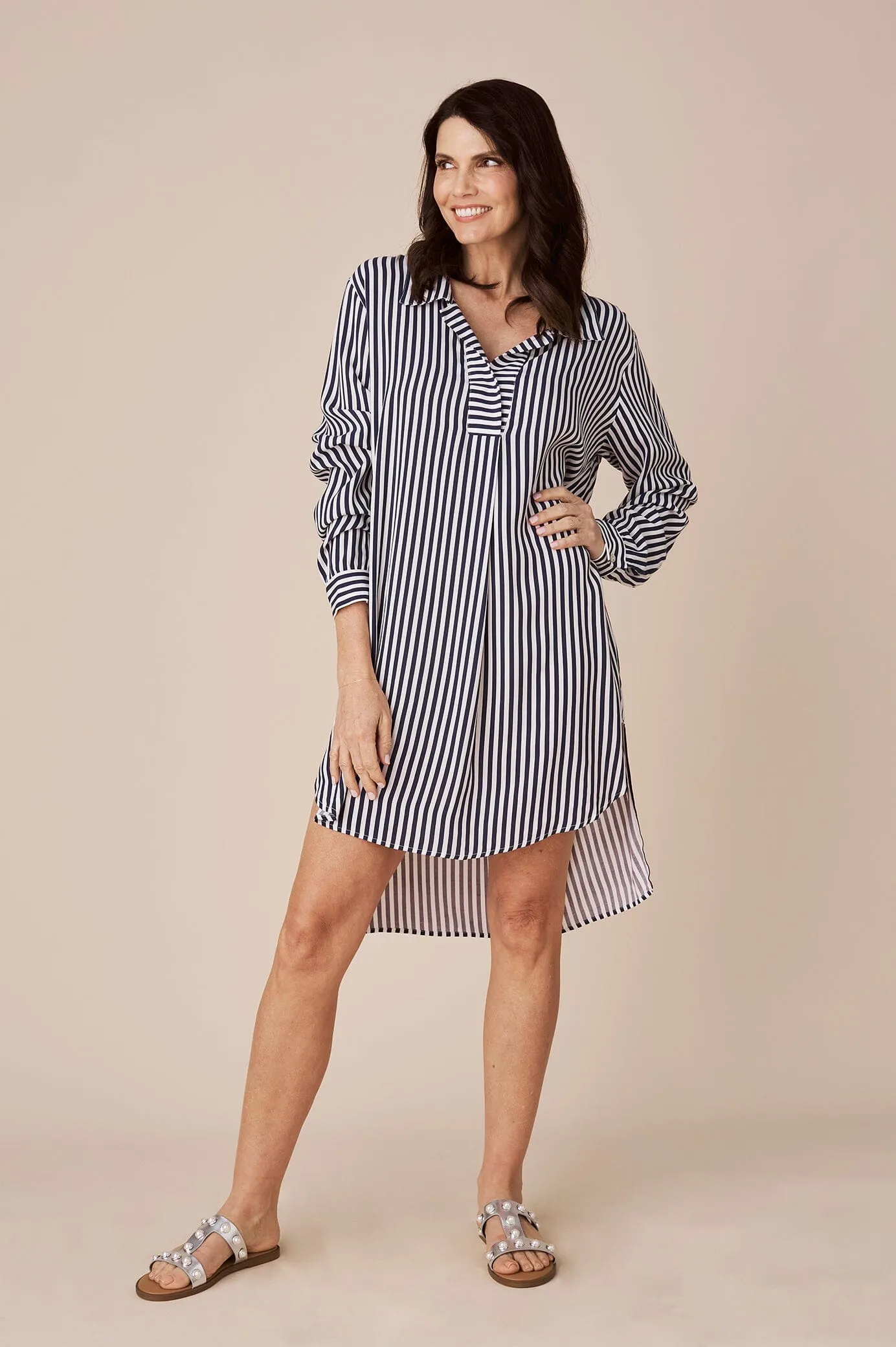 Monaco Striped Dress Shirt Dark Navy and White