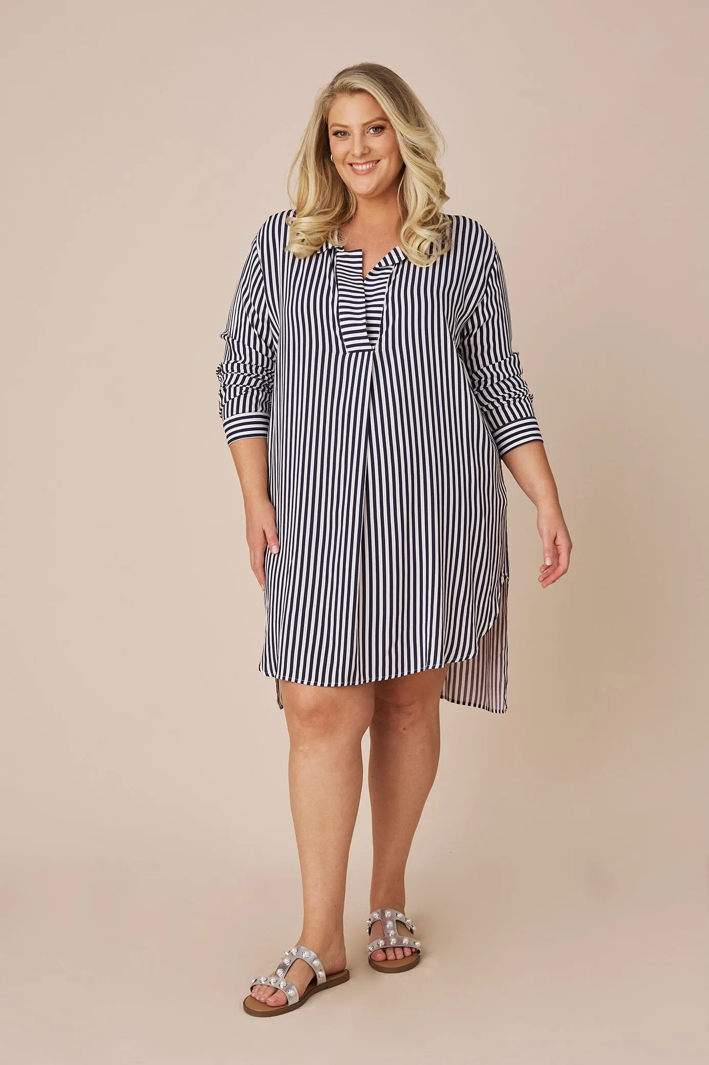 Monaco Striped Dress Shirt Dark Navy and White