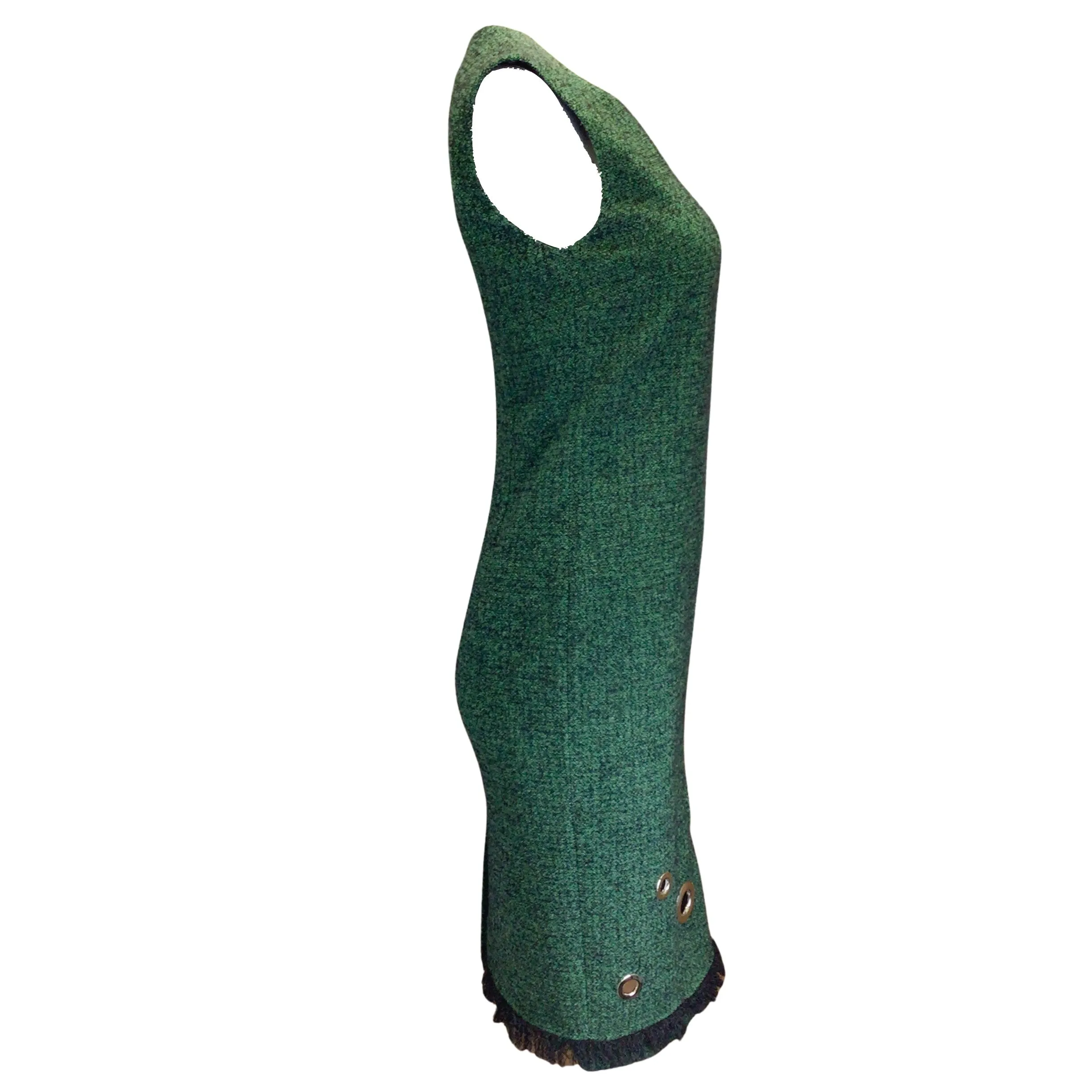Moschino Green / Black / Silver Grommet Detail Sleeveless Wool Shift Dress