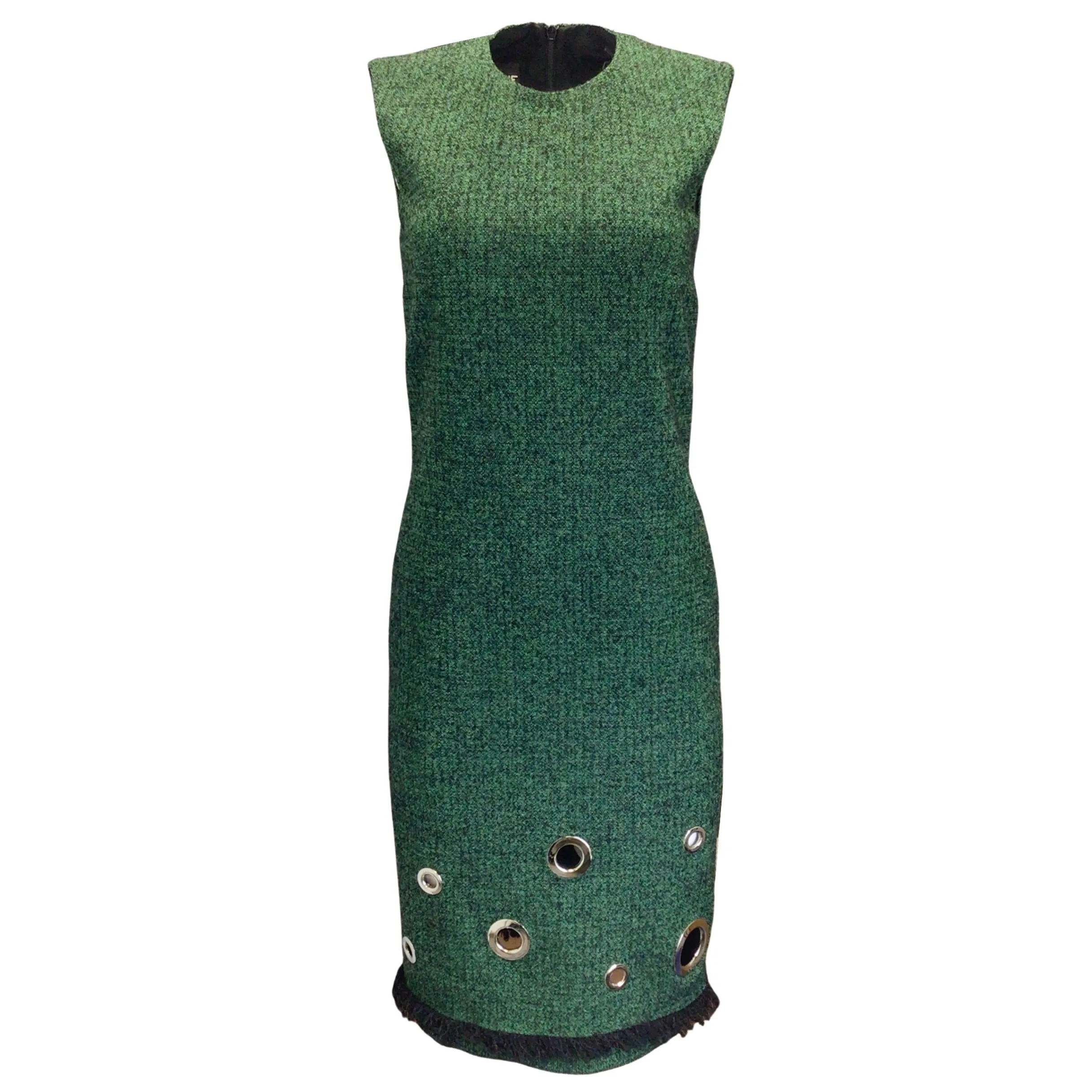 Moschino Green / Black / Silver Grommet Detail Sleeveless Wool Shift Dress