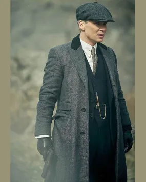 Peaky Blinders Tommy Shelby Grey Wool Coat with Black Collar and Pockets