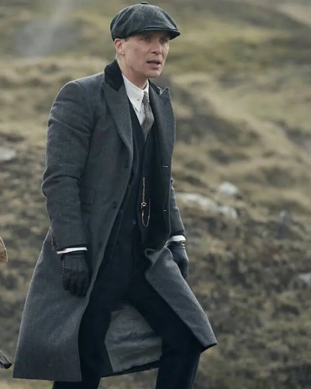 Peaky Blinders Tommy Shelby Grey Wool Coat with Black Collar and Pockets