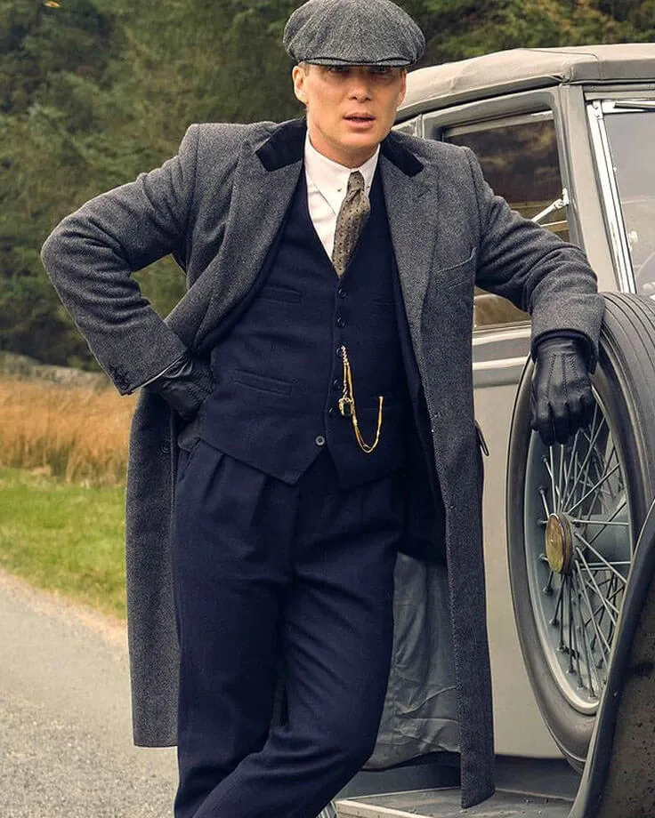 Peaky Blinders Tommy Shelby Grey Wool Coat with Black Collar and Pockets