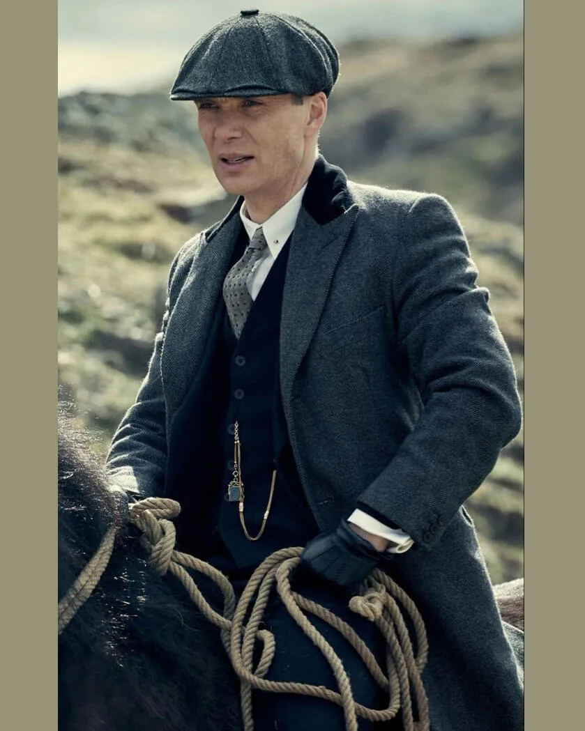 Peaky Blinders Tommy Shelby Grey Wool Coat with Black Collar and Pockets