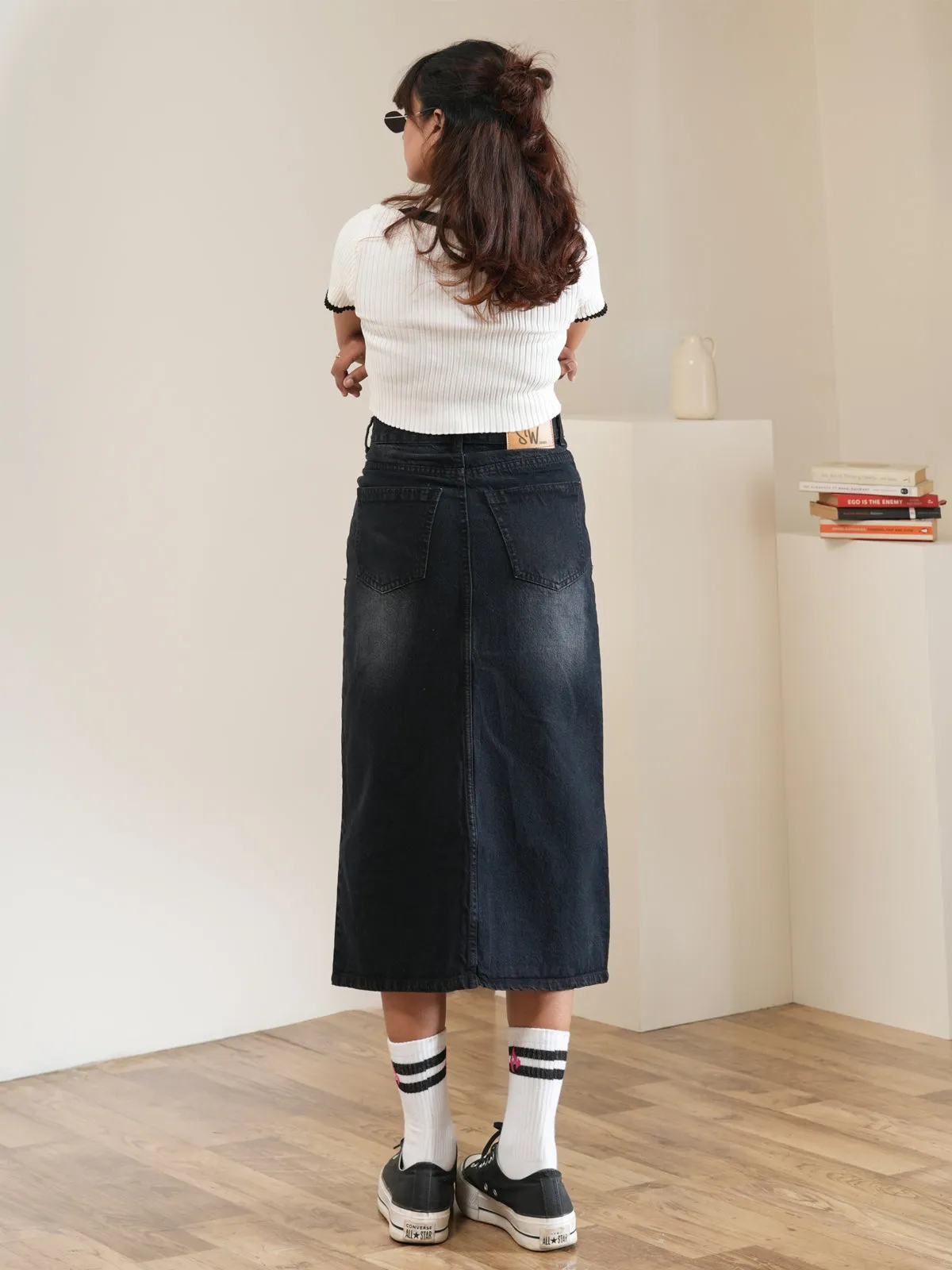 Premium Black Whisker Midi Skirt