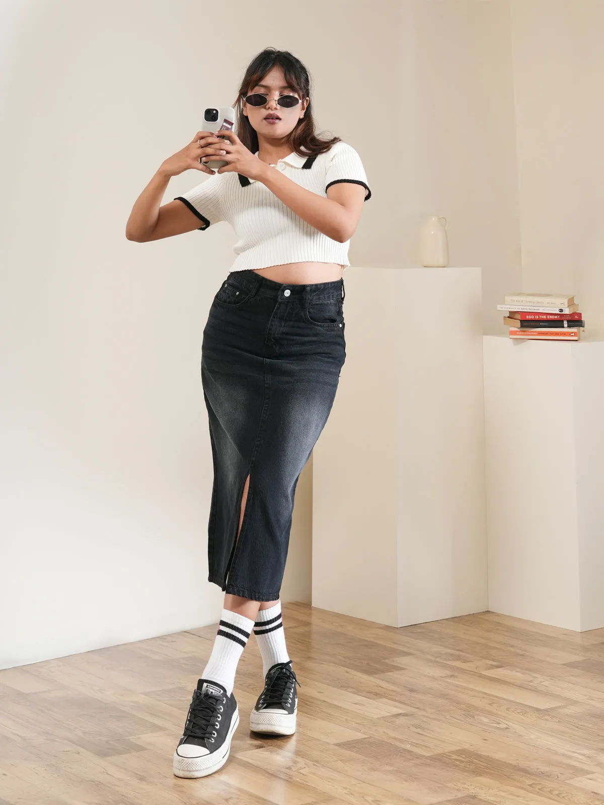 Premium Black Whisker Midi Skirt