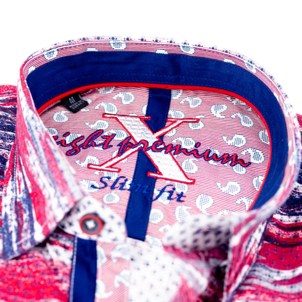 Red Button Down Print Shirt W/Paisley Trim