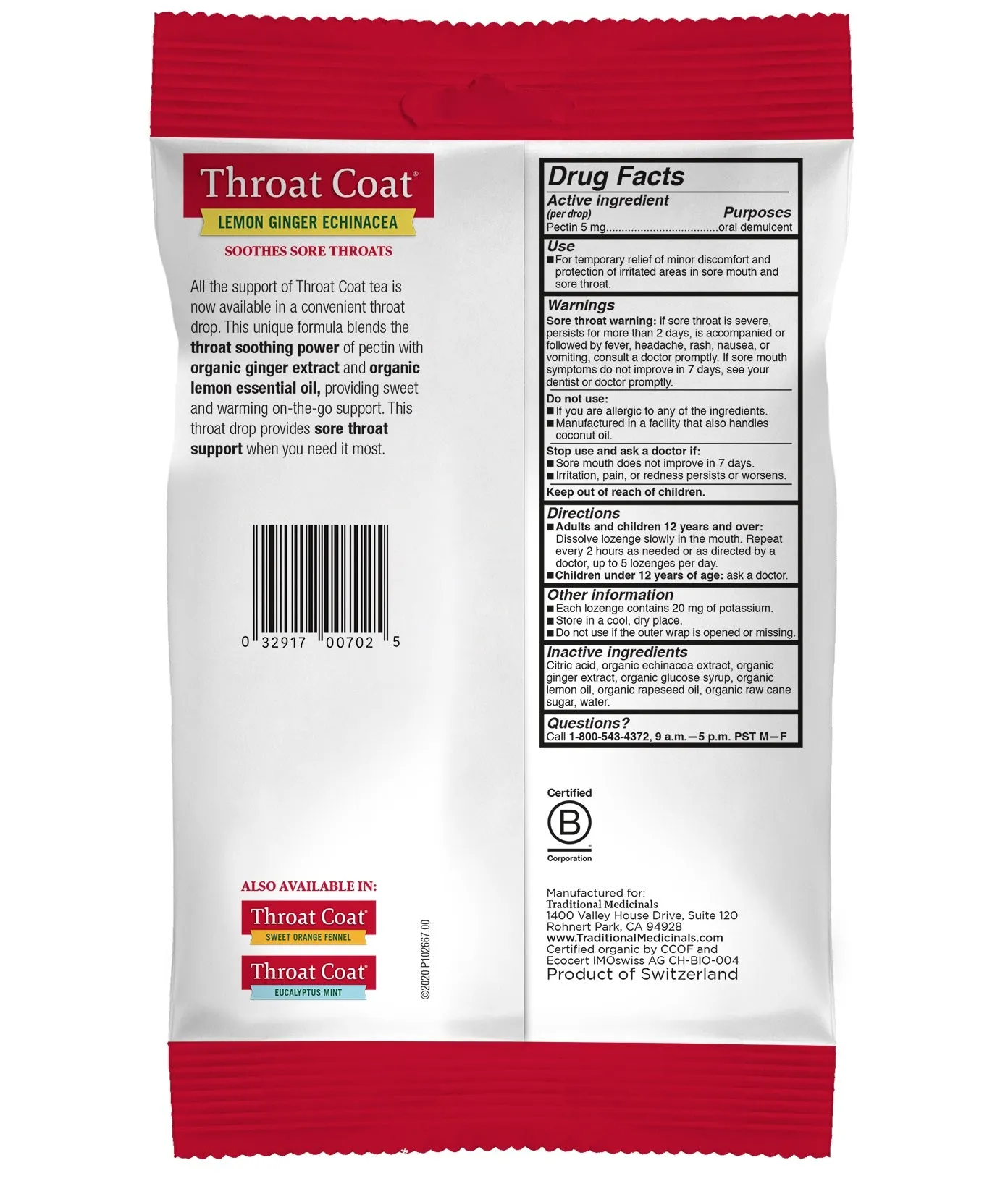 Traditional Medicinals Throat Coat Throat Drops Organic Lemon Ginger Echinacea 16ct