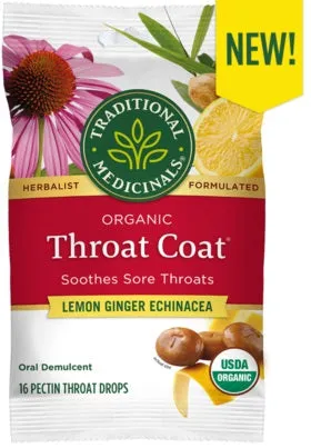 Traditional Medicinals Throat Coat Throat Drops Organic Lemon Ginger Echinacea 16ct