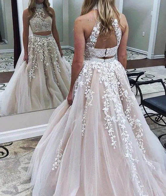 Two Pieces Lace Applique Tulle Long Champagne Prom Dress, Lace Formal Dress