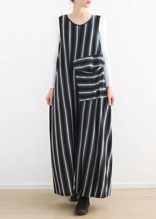 Women sleeveless big pockets cotton quilting pants Sleeveless black striped Plus Size jumpsuit pants summer