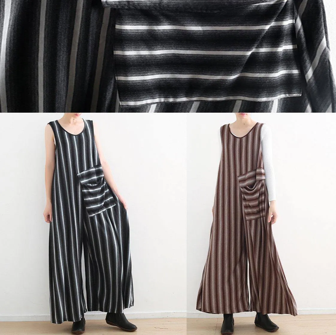 Women sleeveless big pockets cotton quilting pants Sleeveless black striped Plus Size jumpsuit pants summer