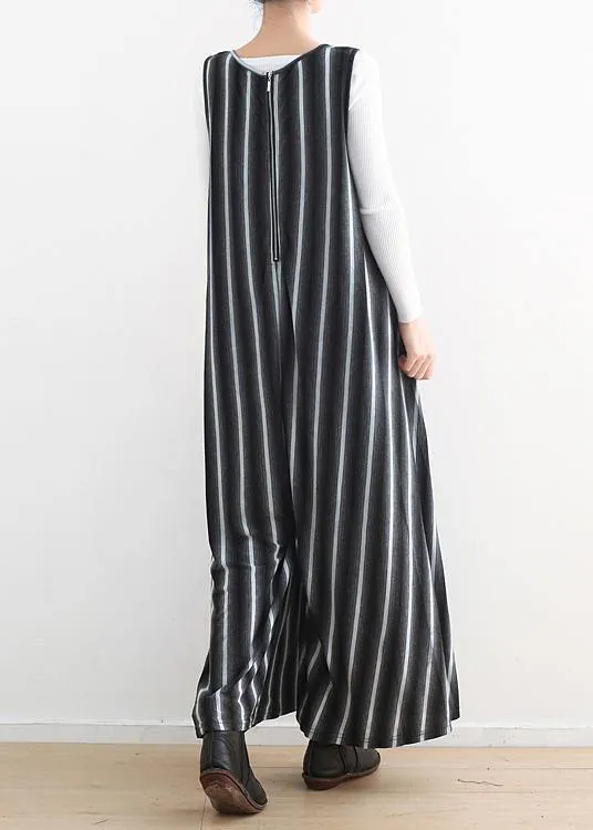 Women sleeveless big pockets cotton quilting pants Sleeveless black striped Plus Size jumpsuit pants summer